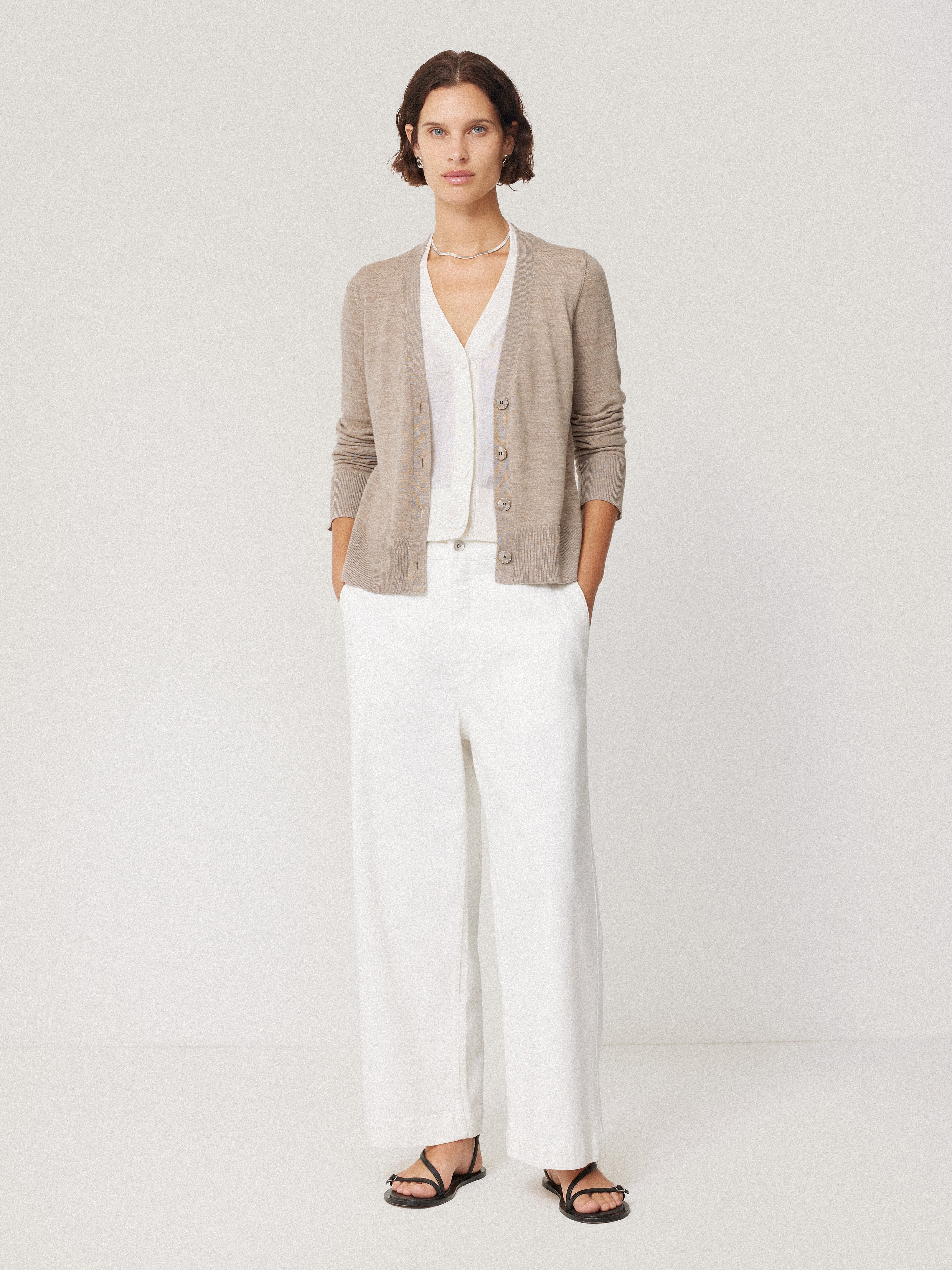 Merino Double Front Cardigan | Stone - Image 3