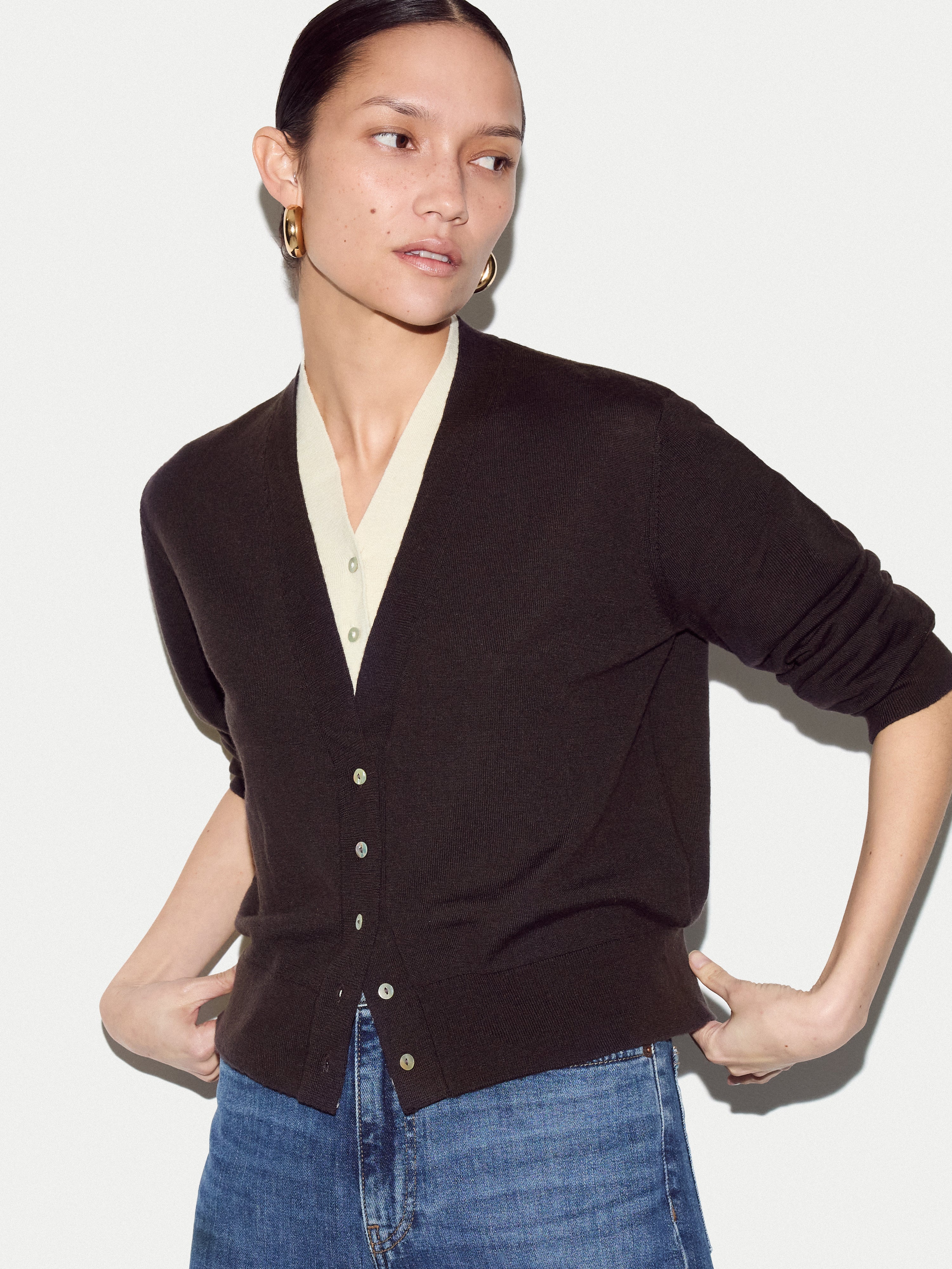 Merino Double Layer Cardigan | Brown - Image 2