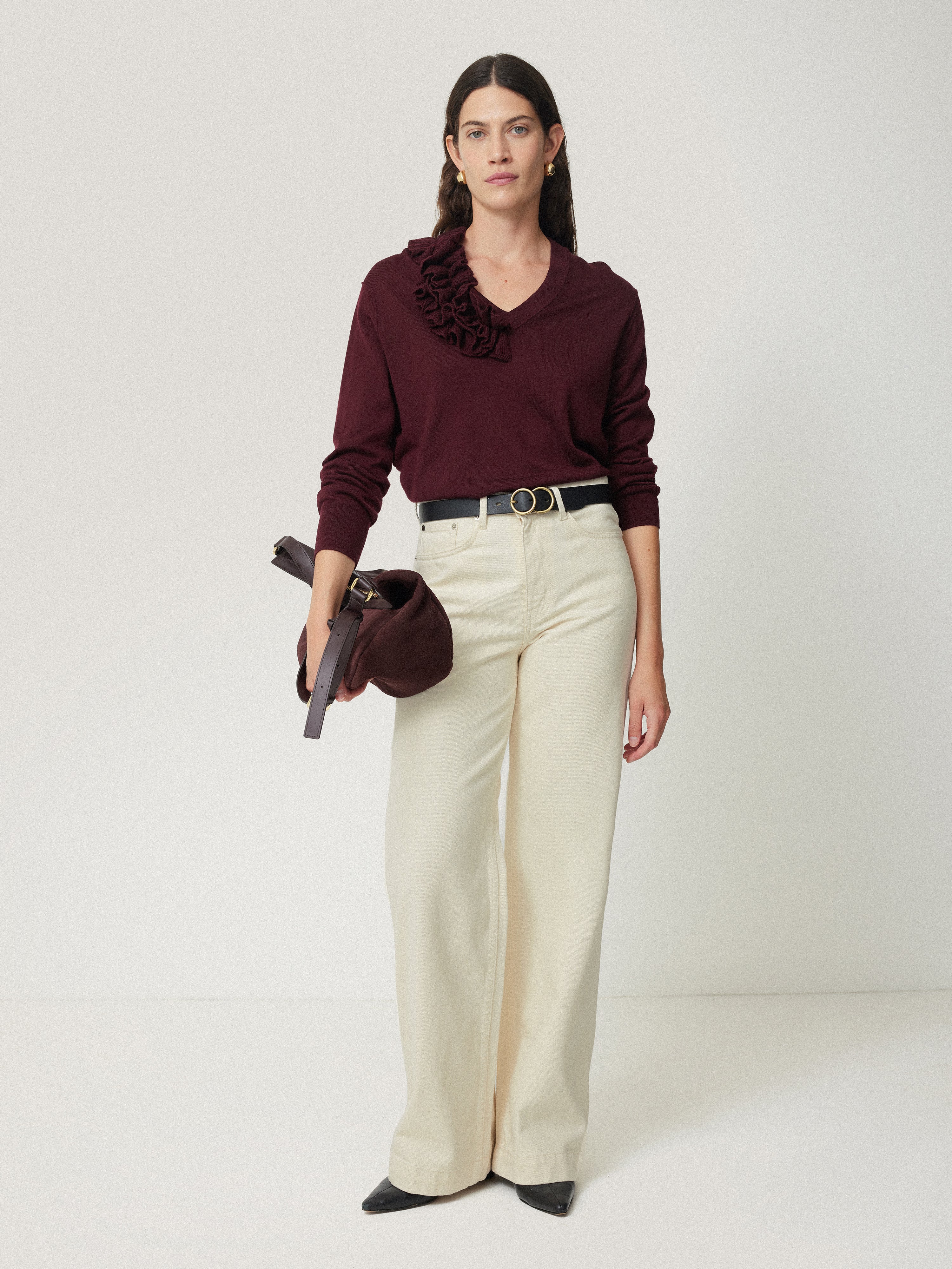 Merino Ruffle V Neck Jumper | Burgundy - Image 3