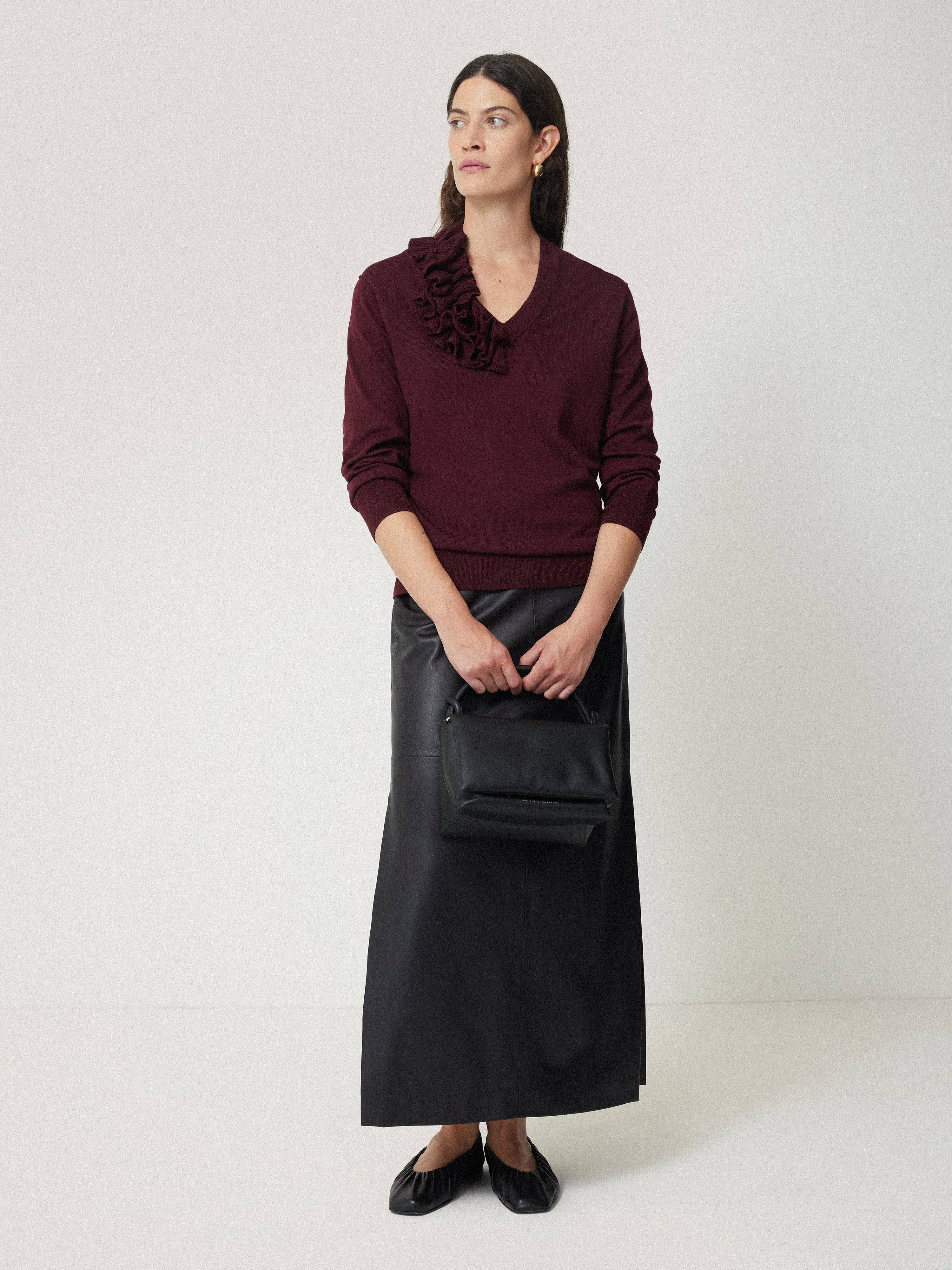 Merino Ruffle V Neck Jumper | Burgundy - Image 6