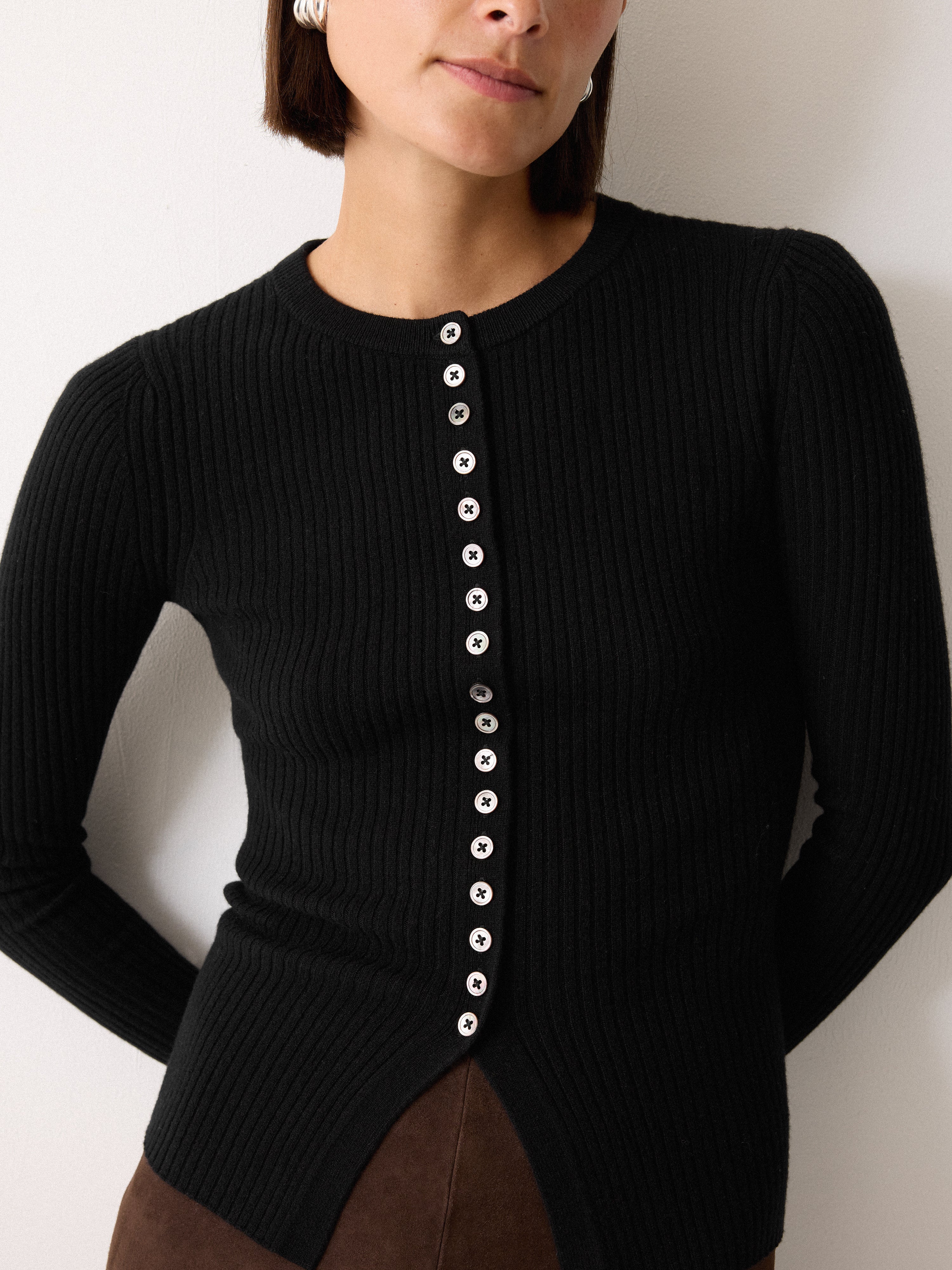 Multi Button Rib Knit Cardigan | Black - Image 3