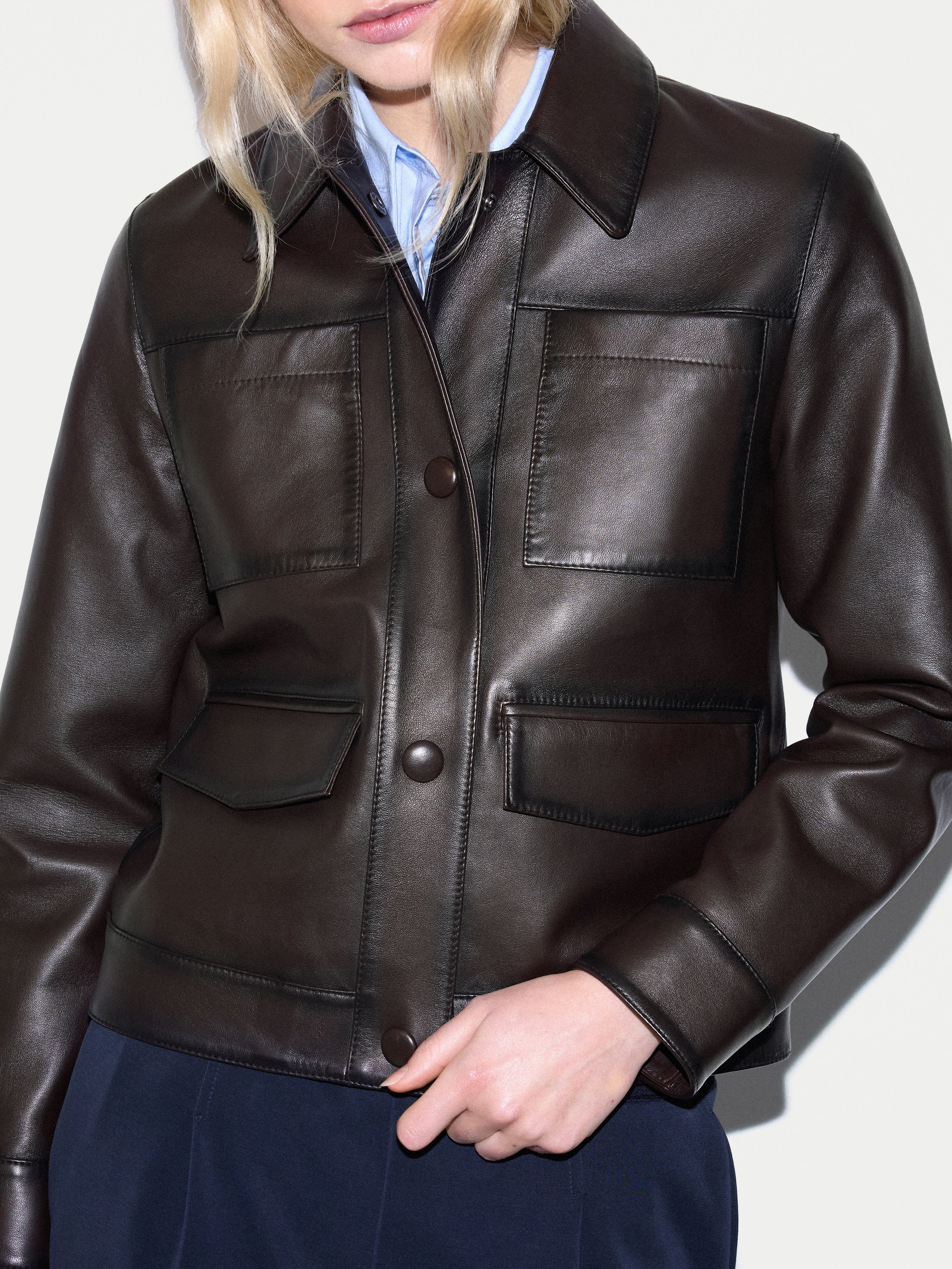 Nappa Leather Cropped Jacket | Dark Brown - Image 4