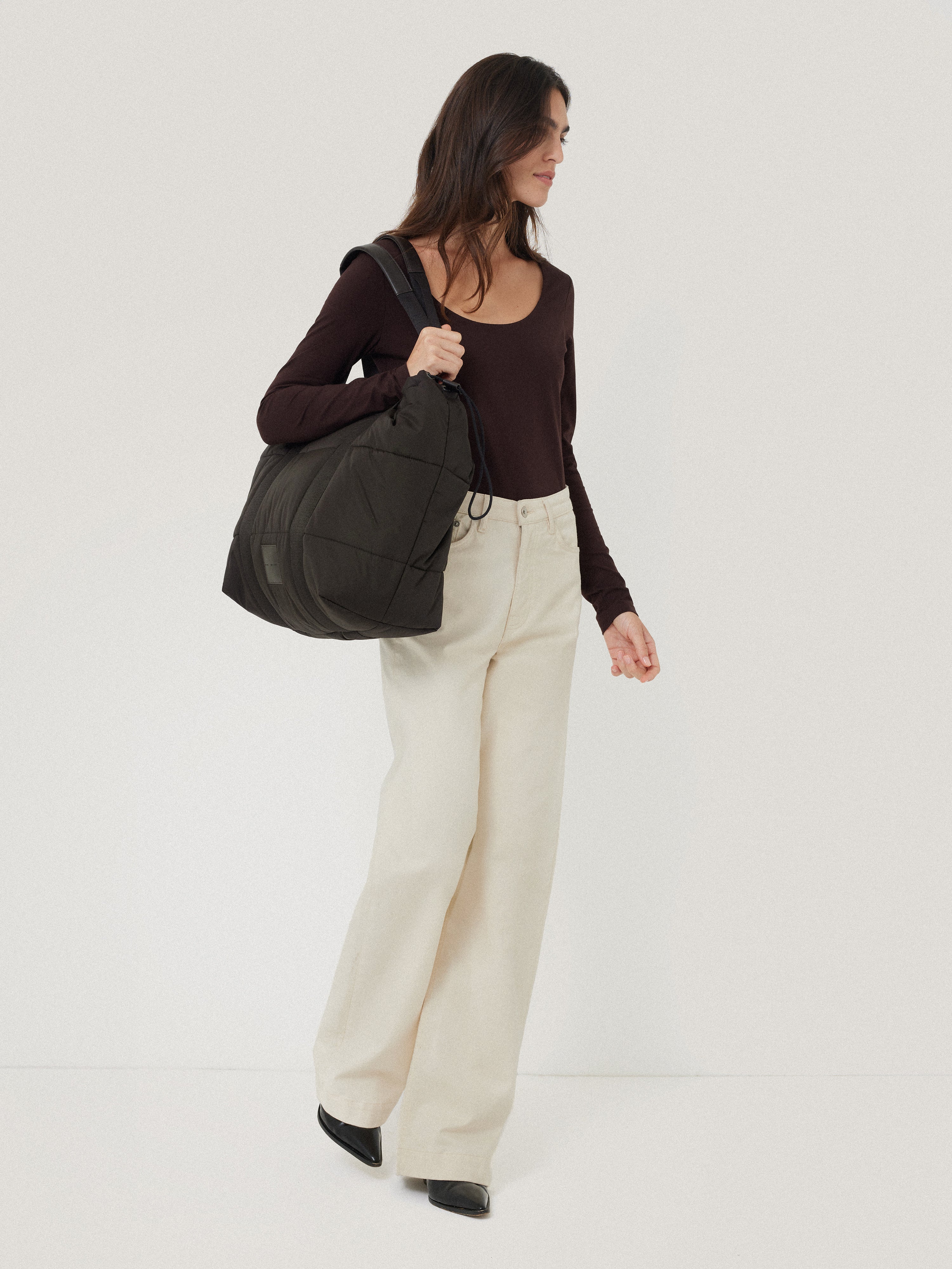 Nylon Quilted Drawstring Tote | Chocolate - Image 6