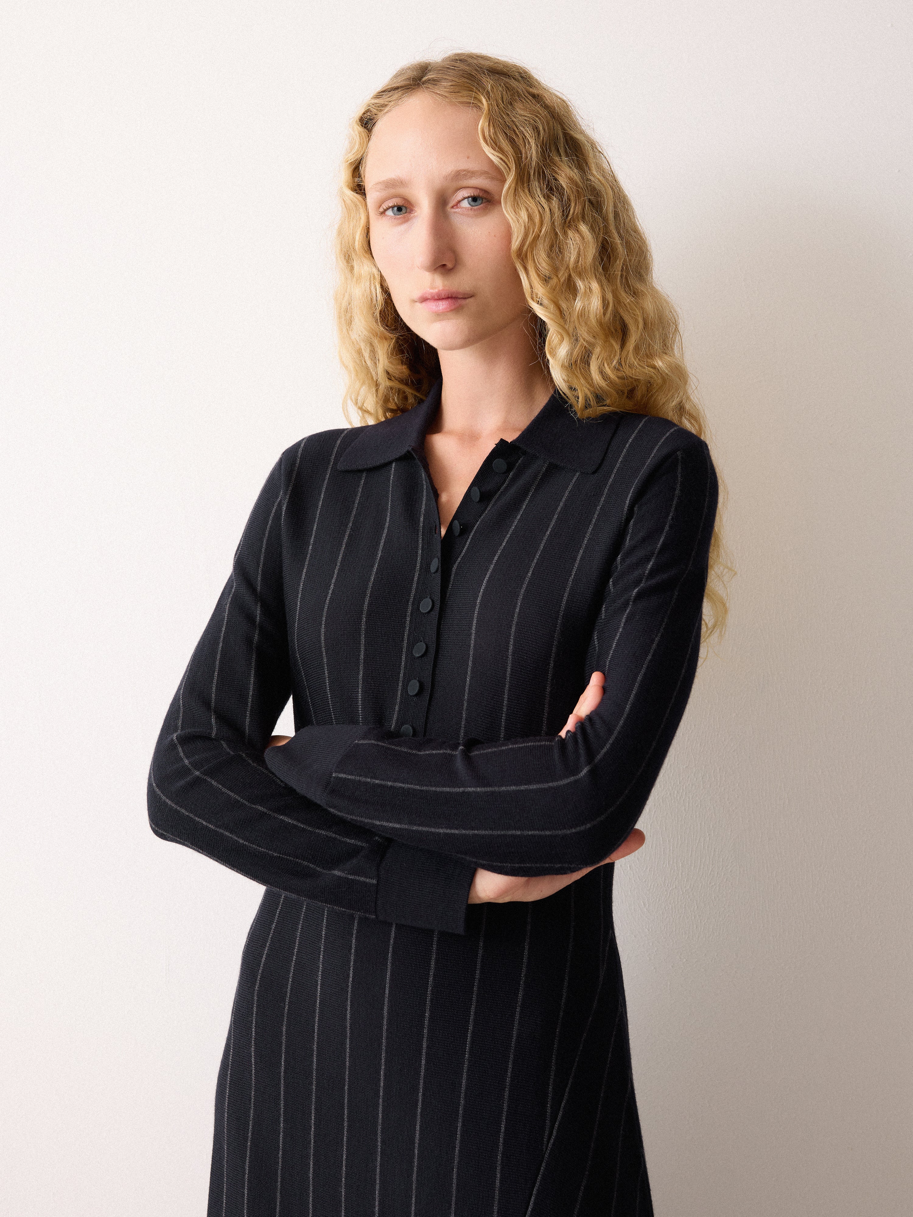 Pinstripe Merino Knit Dress | Blue - Image 4