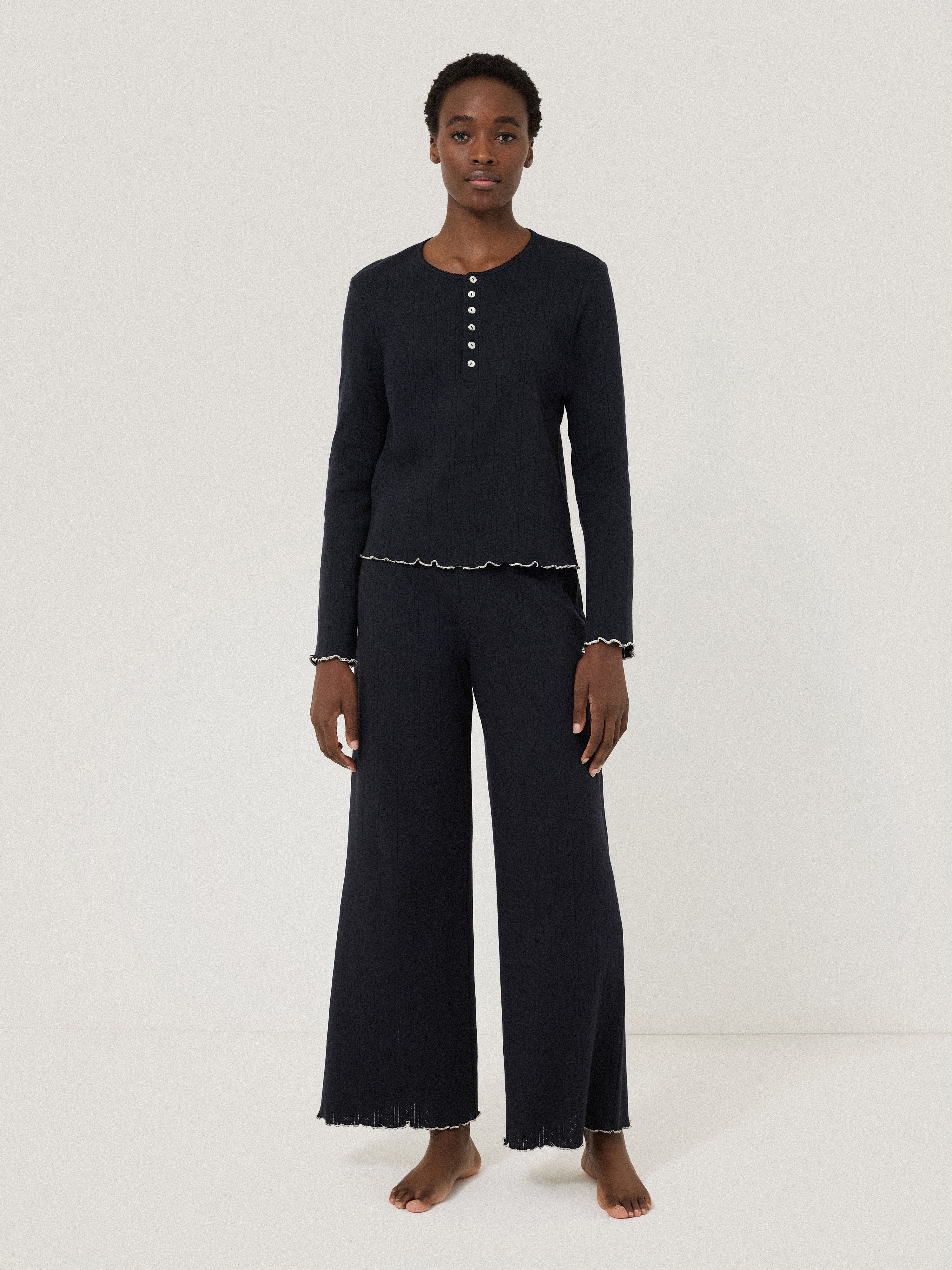 Pointelle Pyjama Henley Top | Navy - Image 3