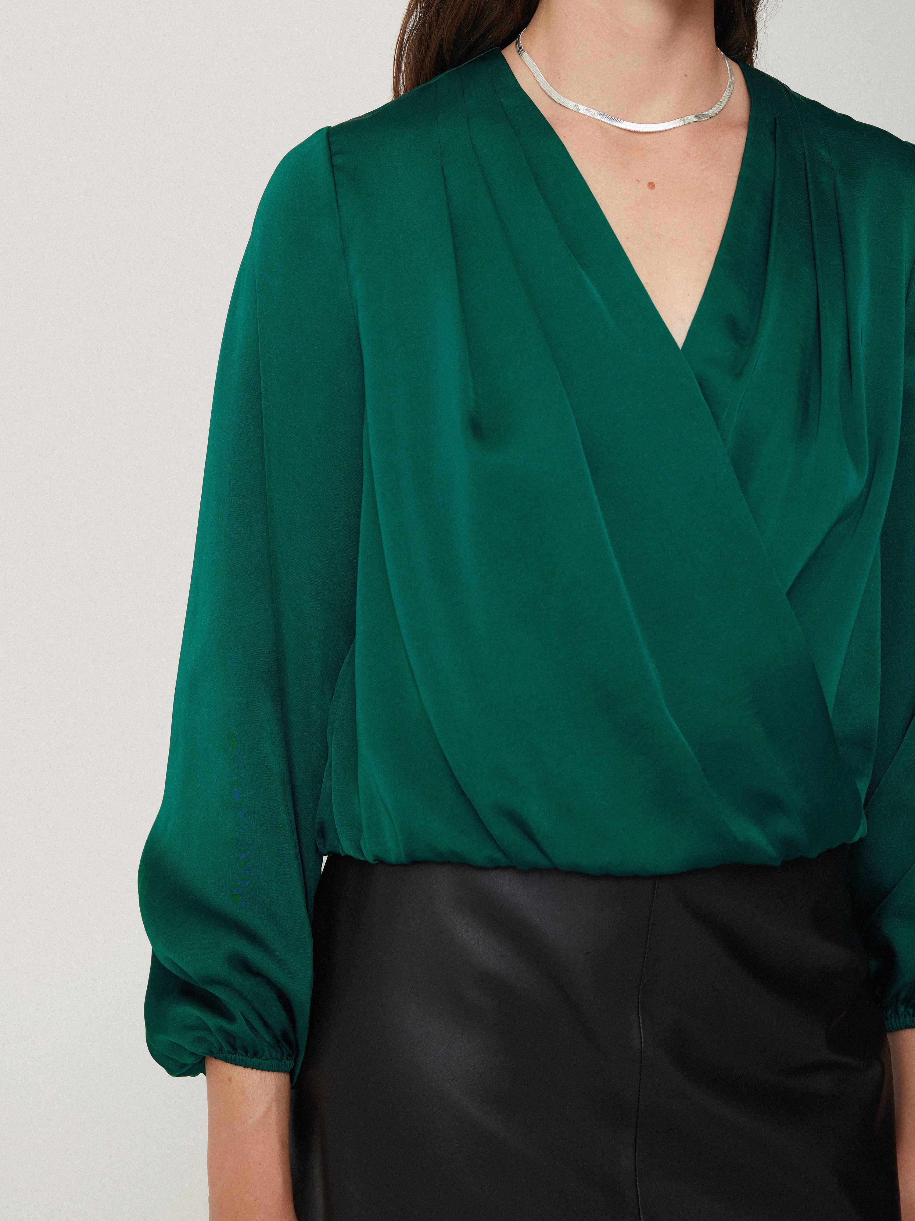 Recycled Satin Drape Wrap Top | Green - Image 2