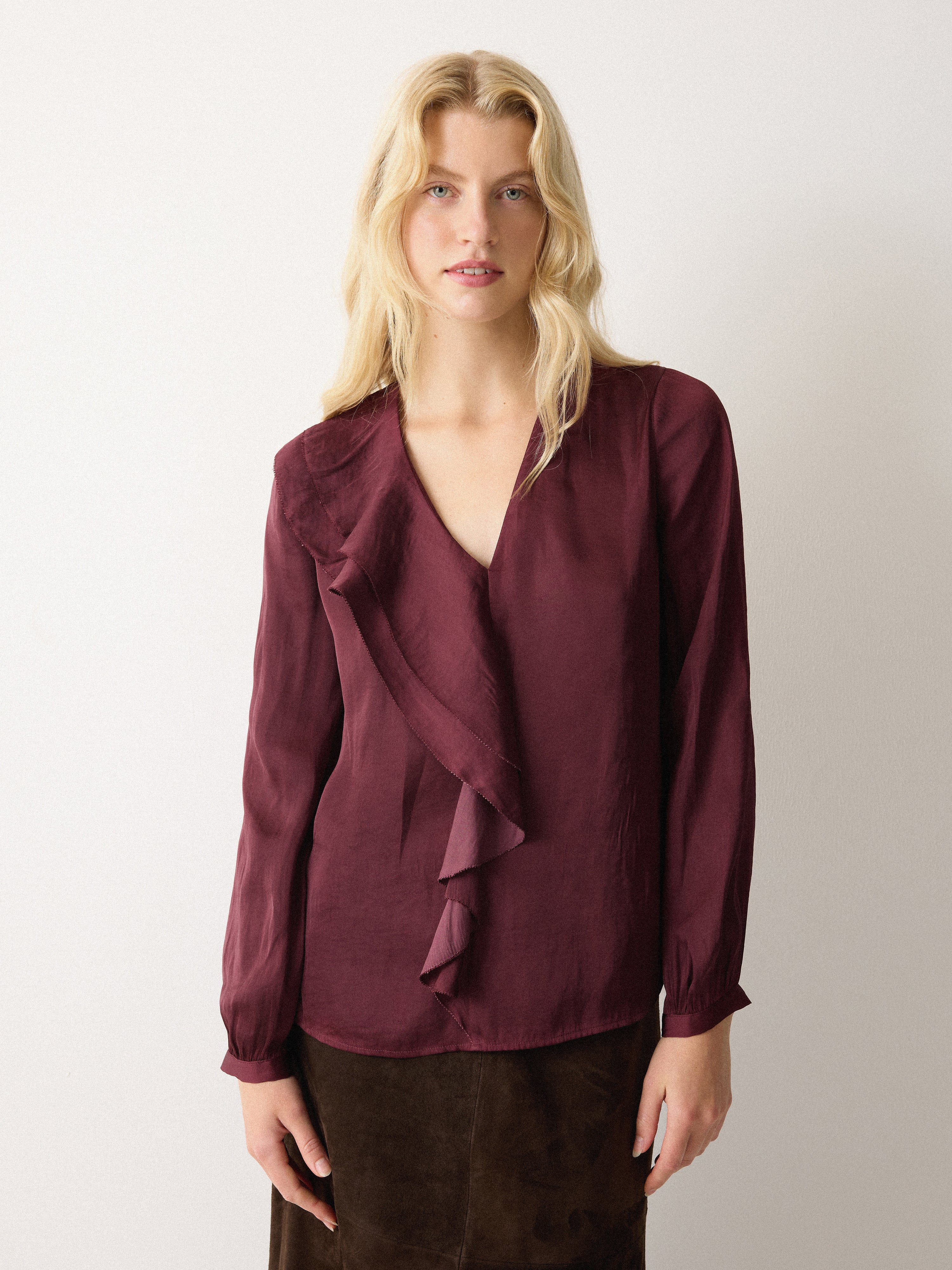 Recycled Satin Frill Blouse | Red - Image 2