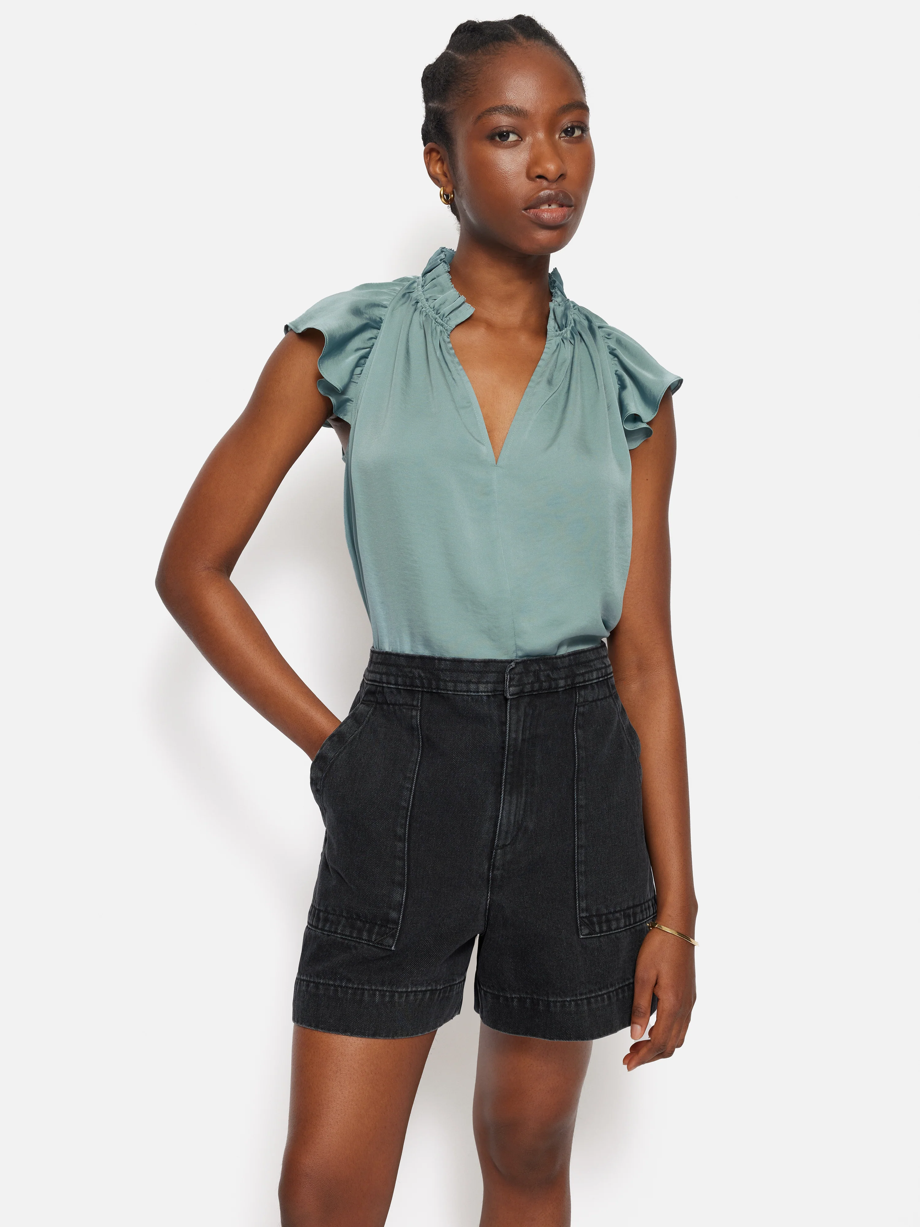 Recycled Satin Frill Neck Top | Green - Image 2