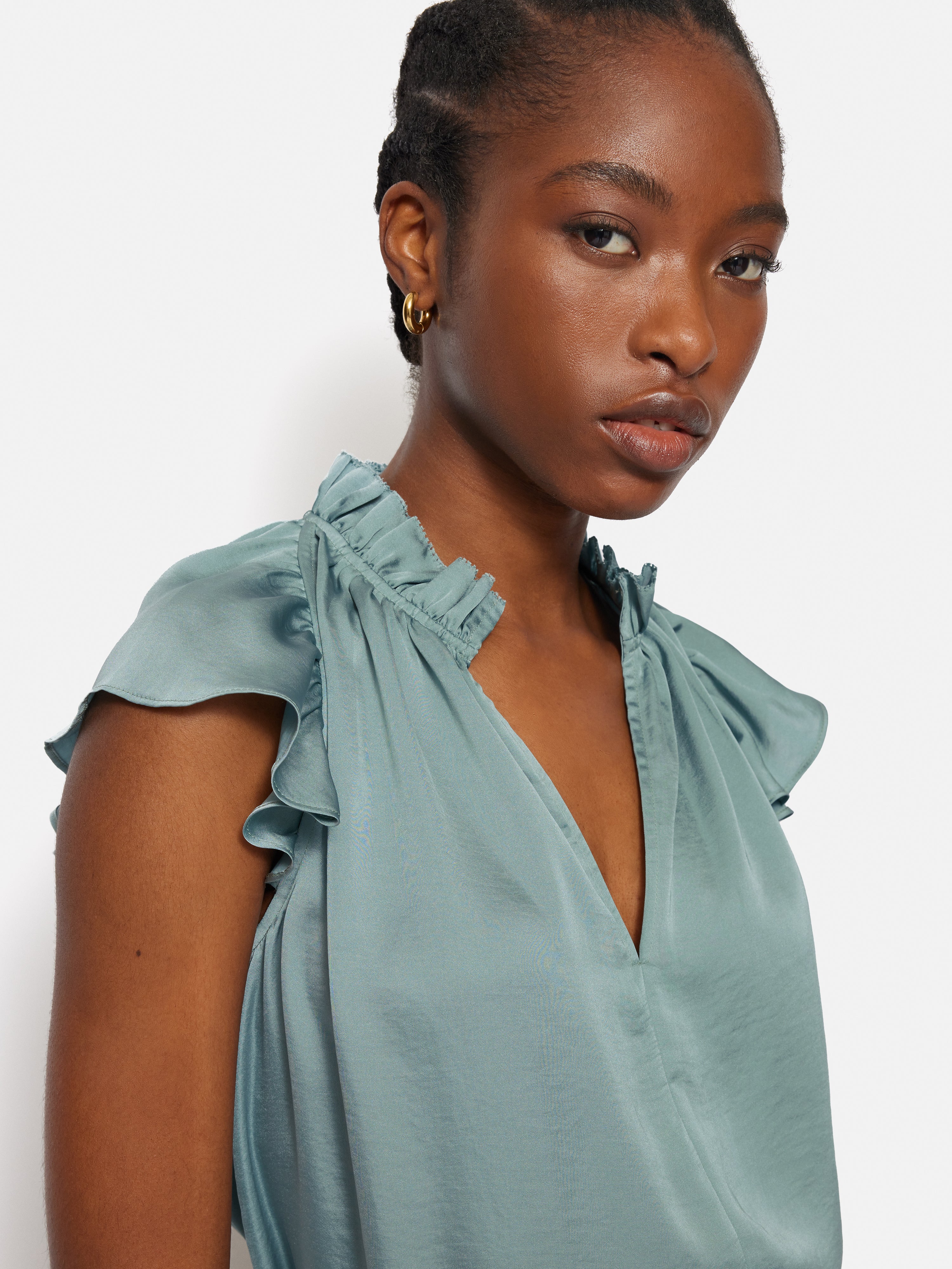 Recycled Satin Frill Neck Top | Green - Image 3