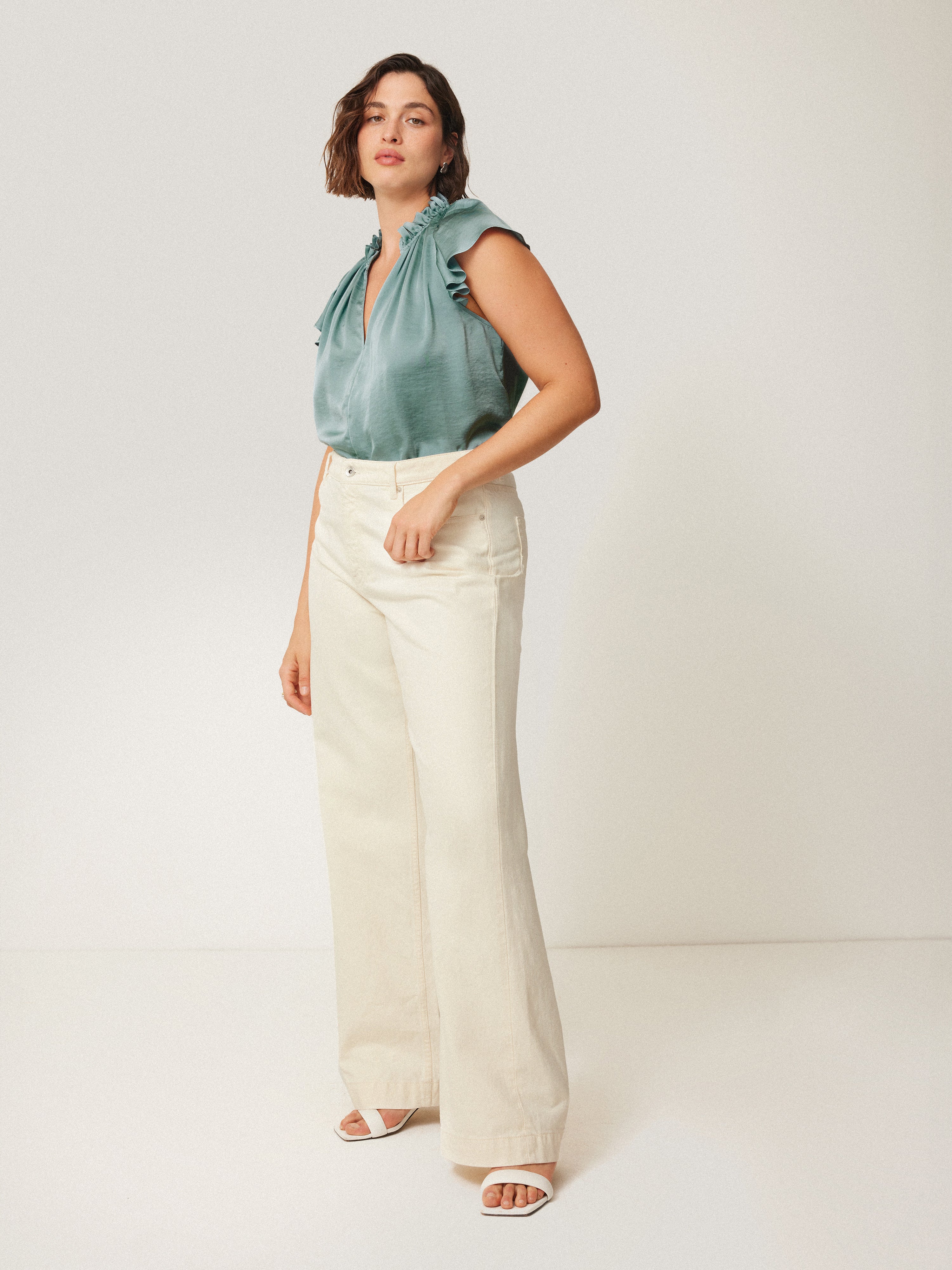 Recycled Satin Frill Neck Top | Green - Image 4