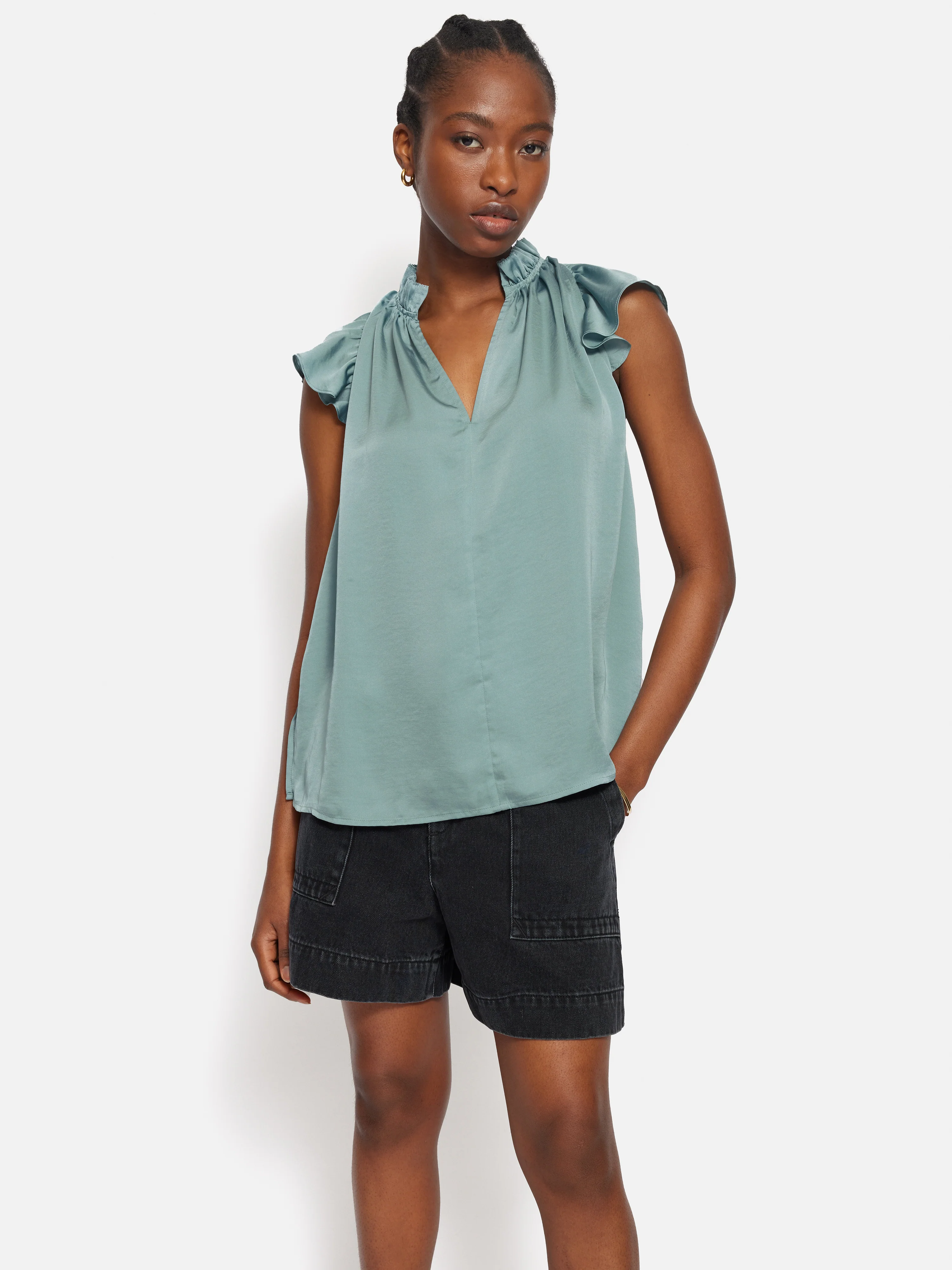 Recycled Satin Frill Neck Top | Green - Image 9