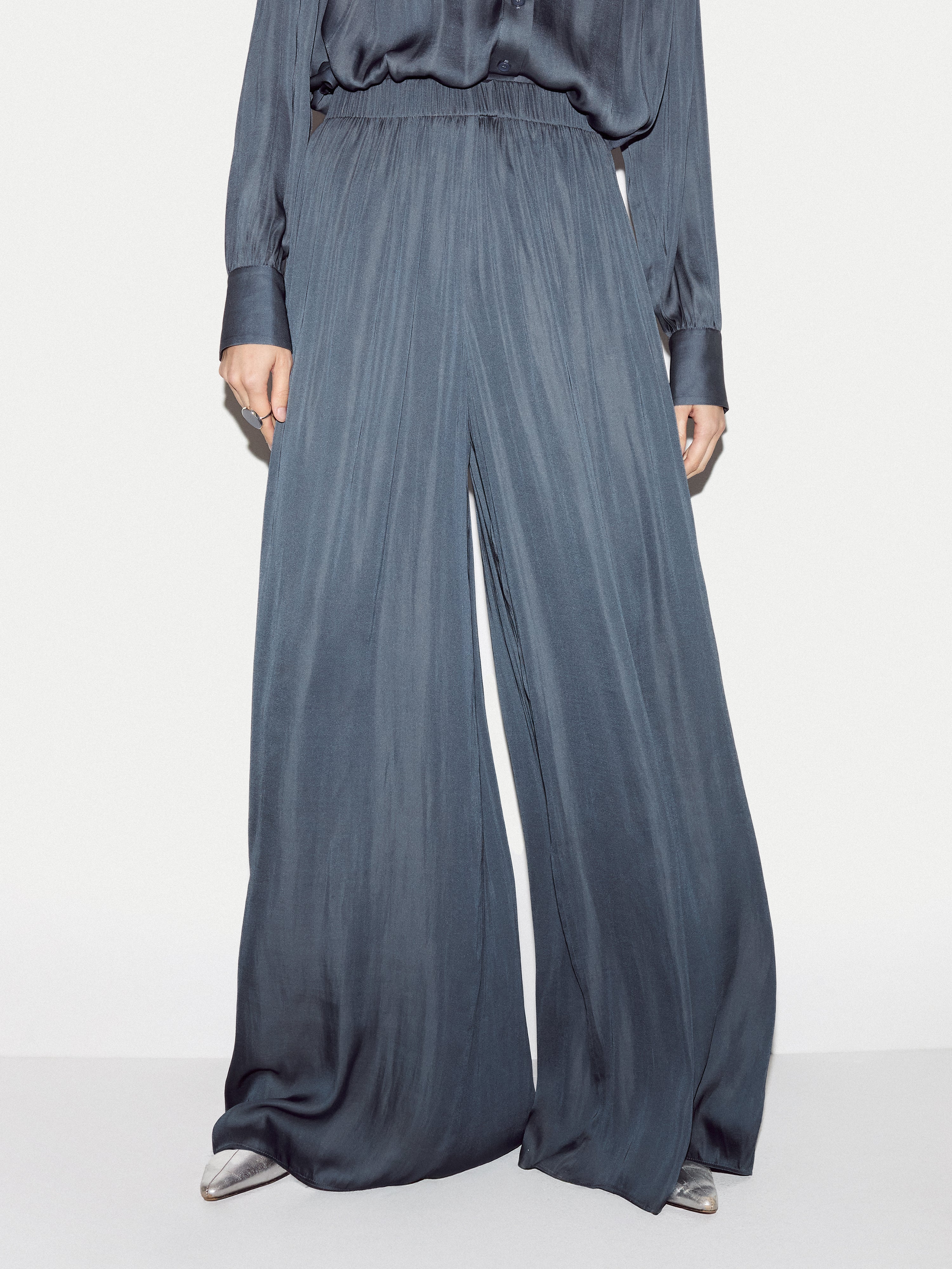 Recycled Satin Palazzo Trouser | Blue - Image 2