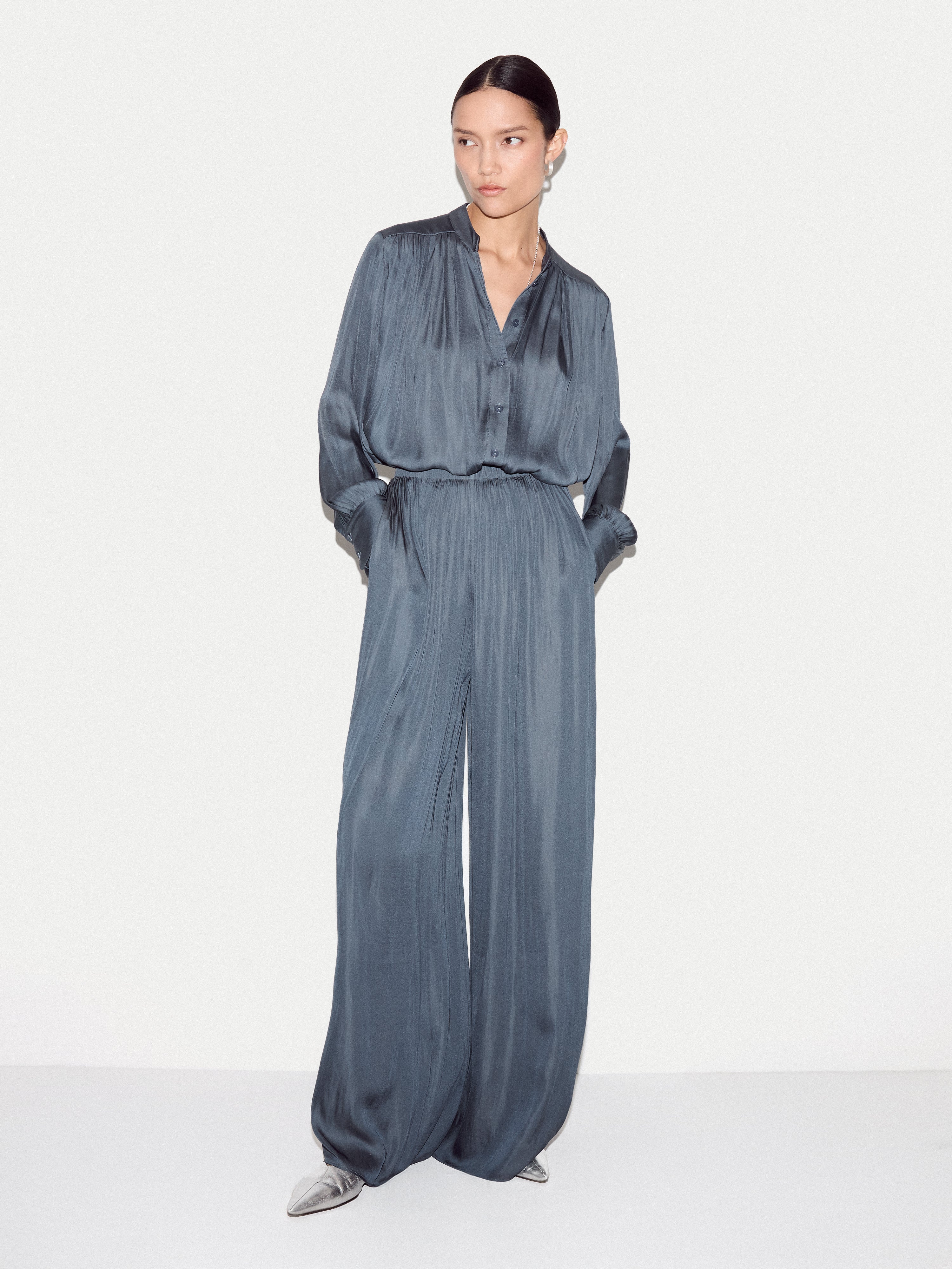 Recycled Satin Pleated Top | Blue - Image 4