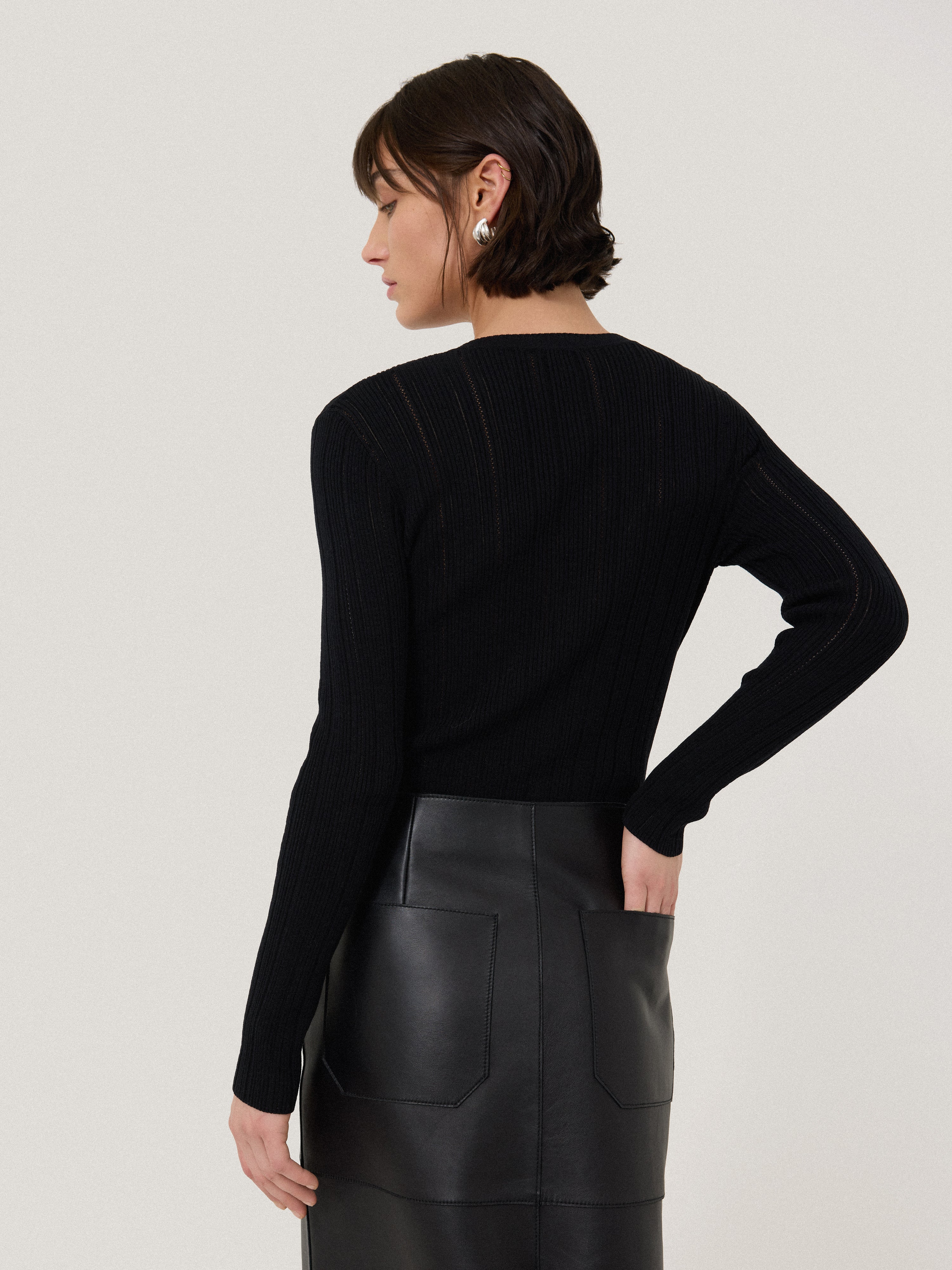Rib Pointelle Henley Jumper | Black - Image 3