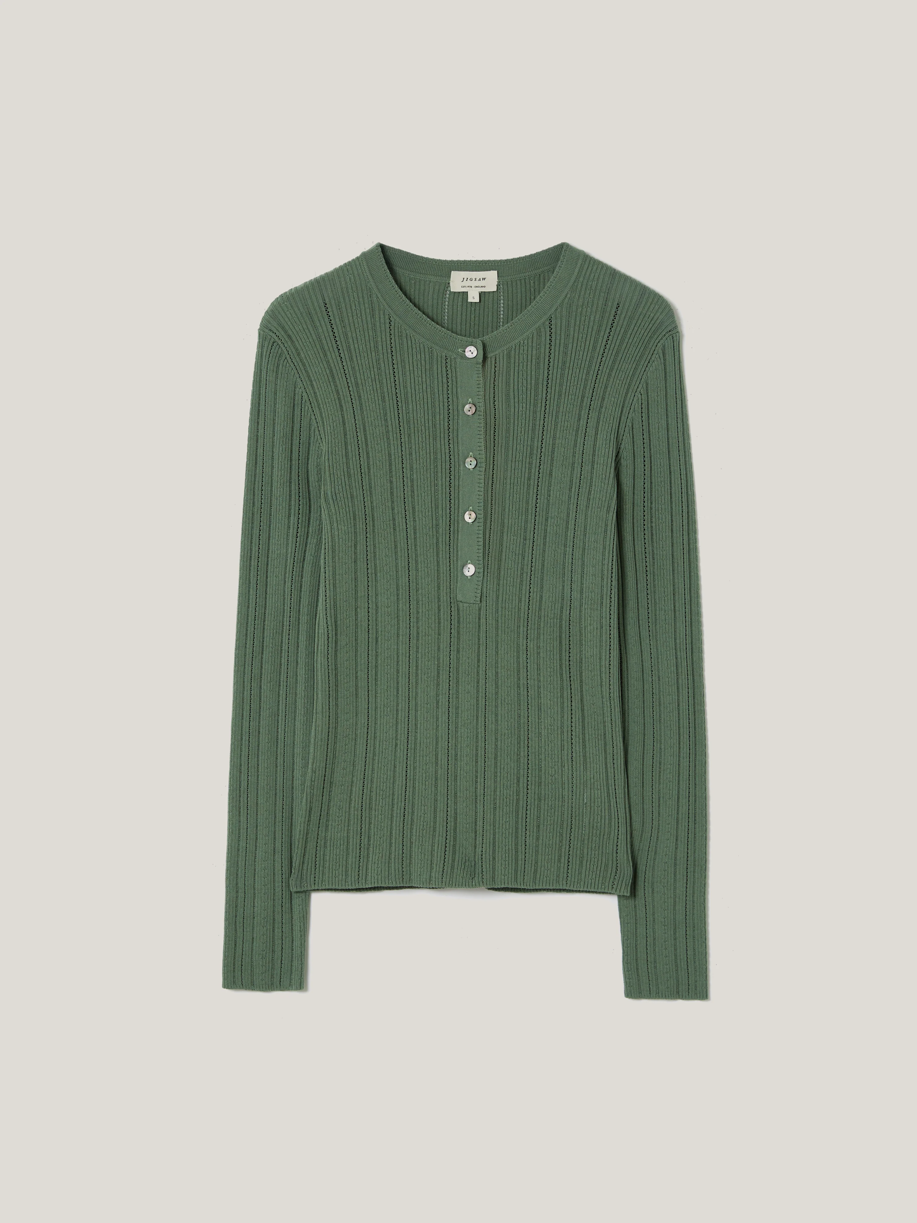Rib Pointelle Henley Jumper | Green - Image 6
