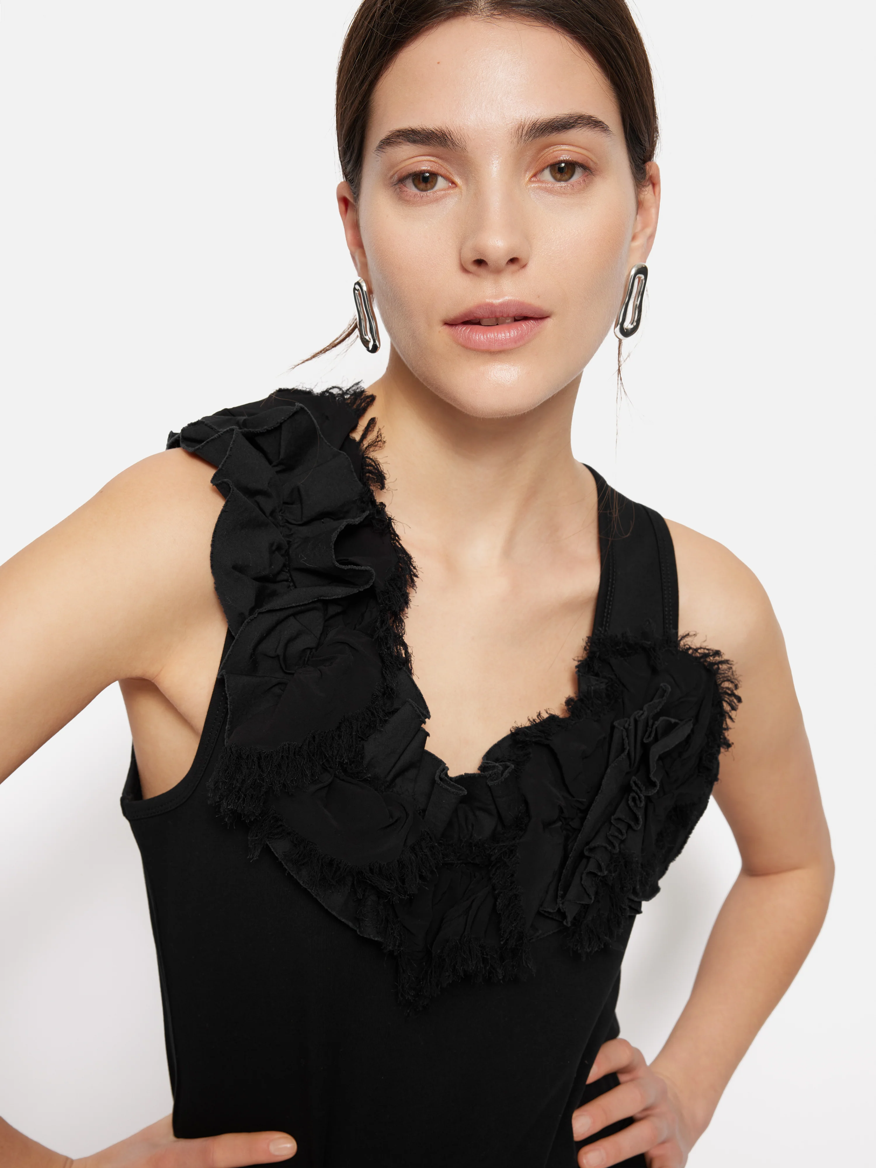 Ruffle Trim Jersey Top | Black - Image 2