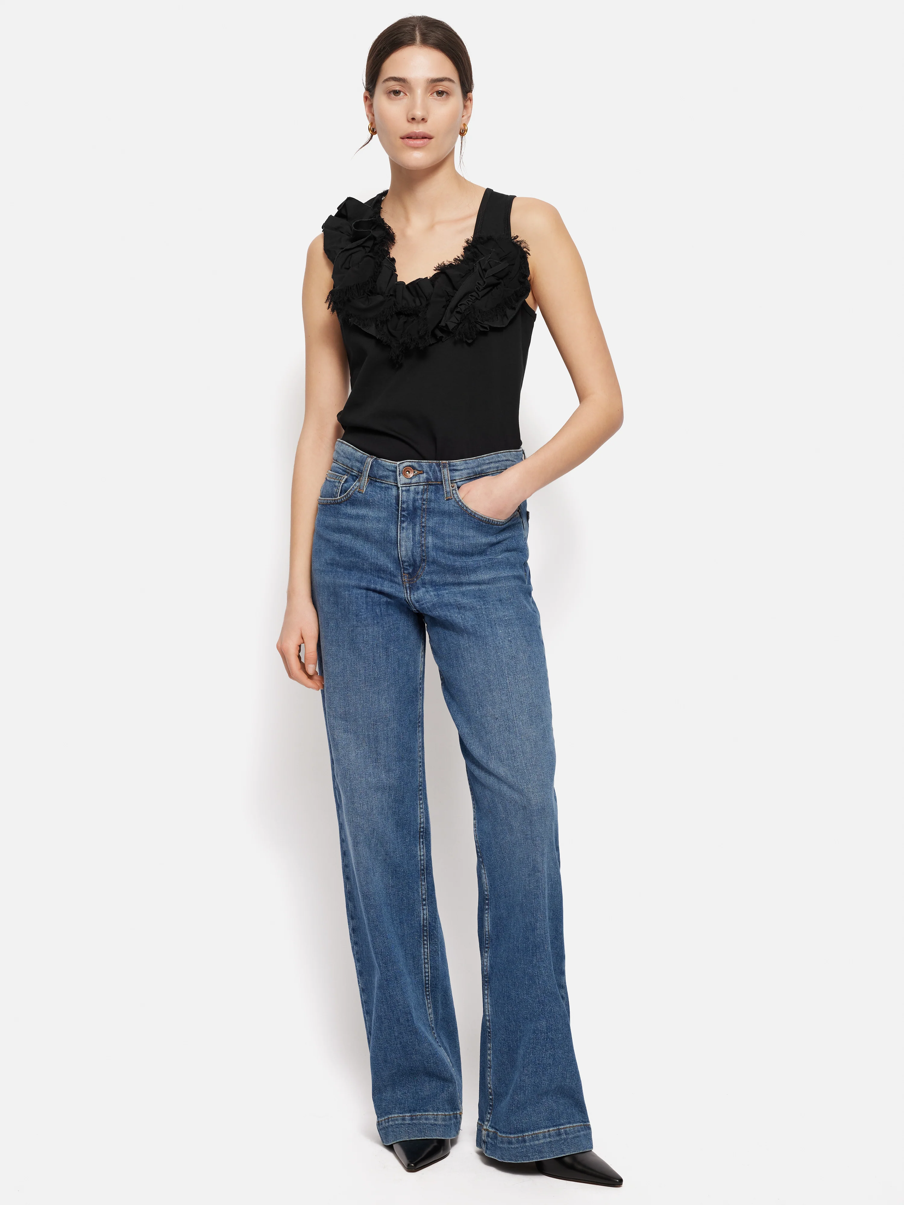 Ruffle Trim Jersey Top | Black - Image 7