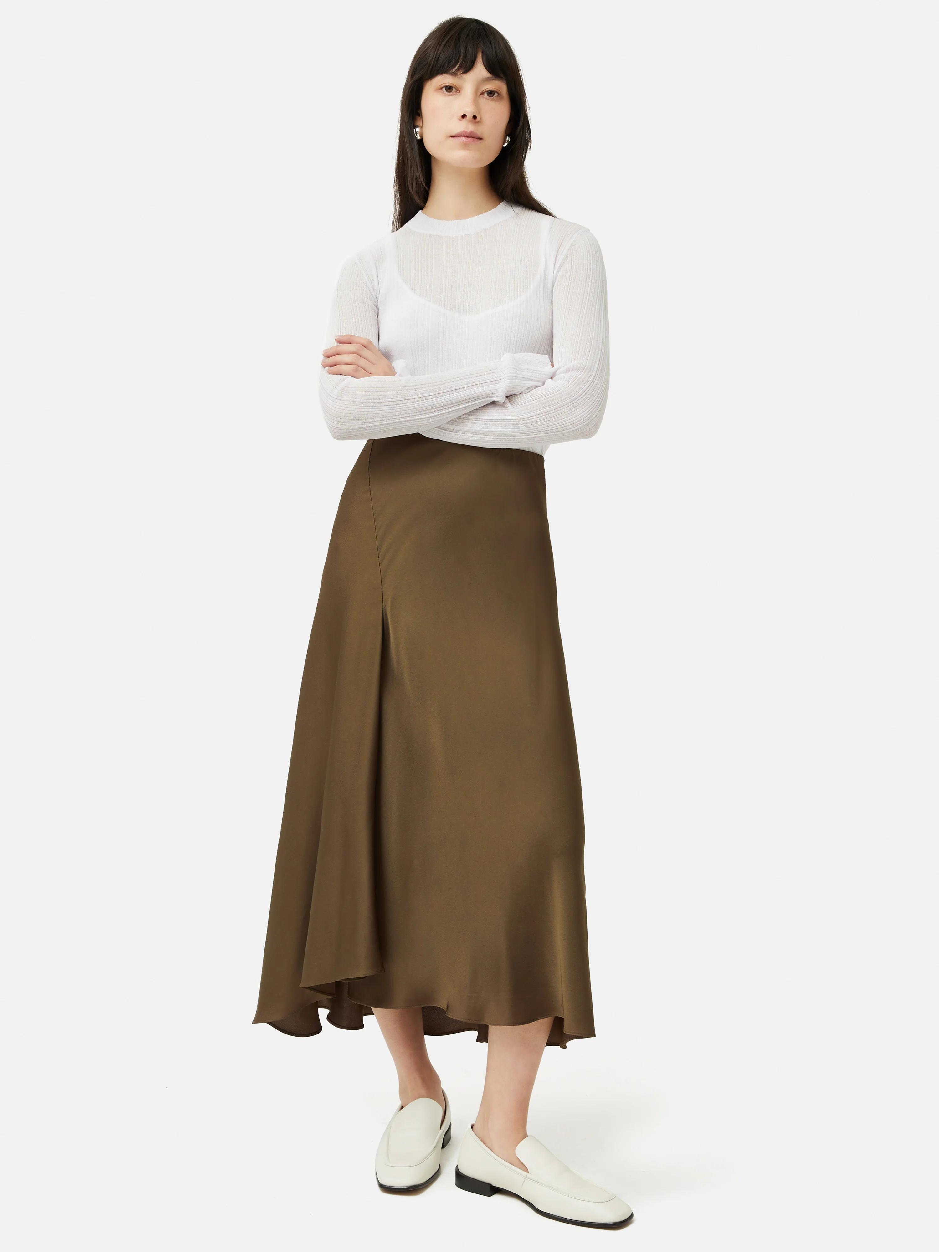 Satin Bias Asymmetric Skirt | Dark Khaki - Image 3