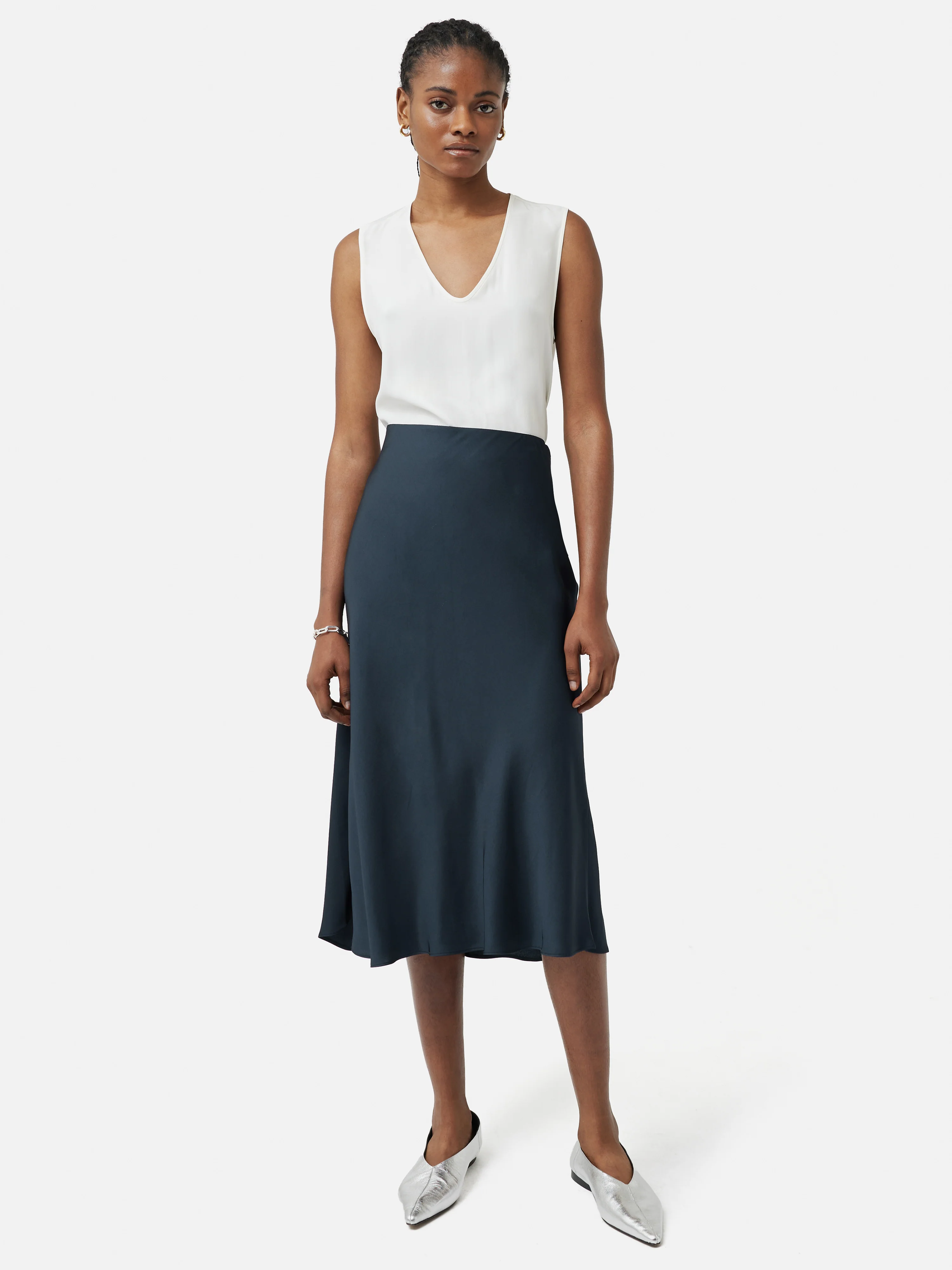 Satin Bias Midi Slip Skirt | Navy - Image 5