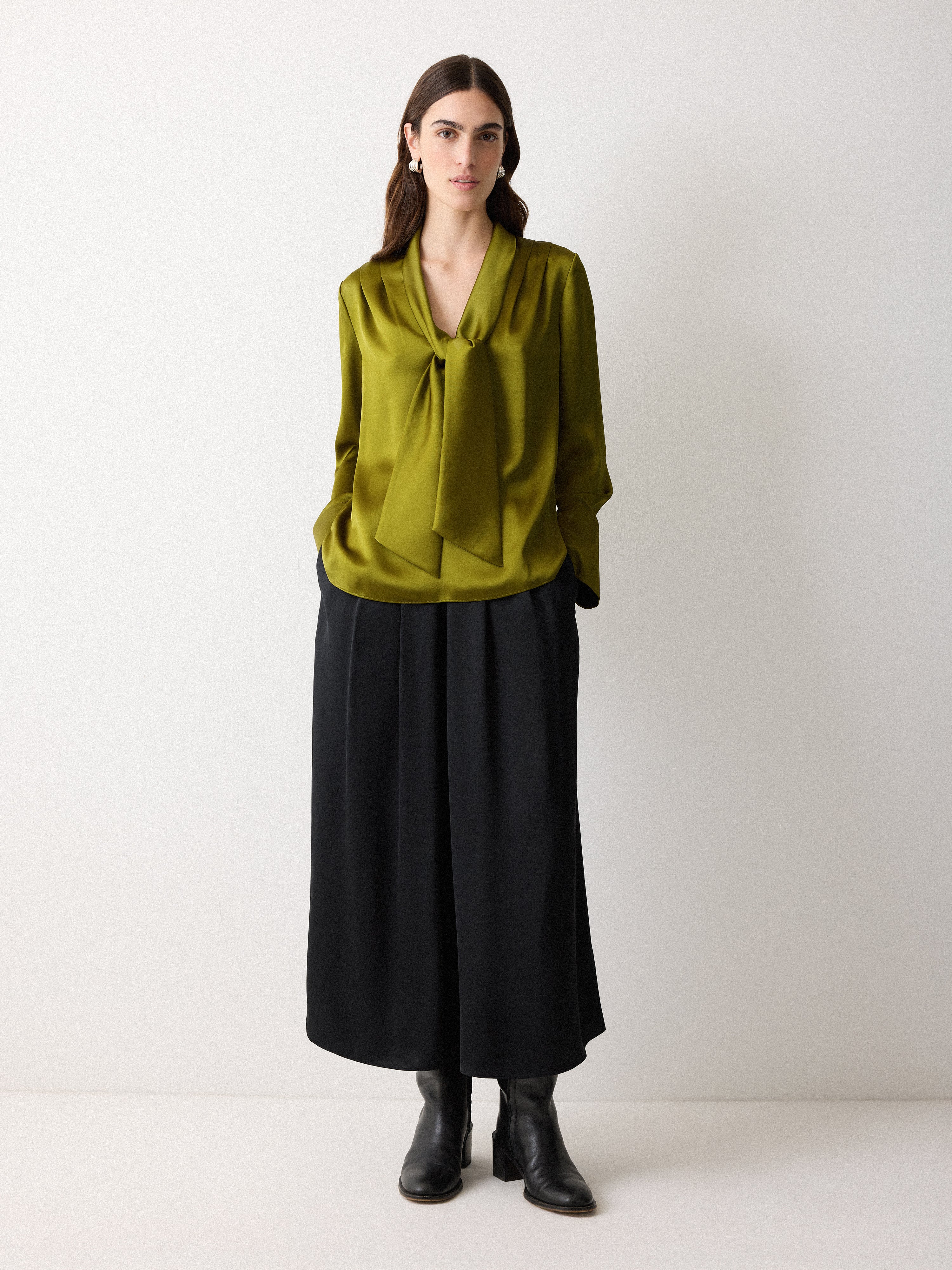 Satin Drape Neckline Blouse | Green - Image 2