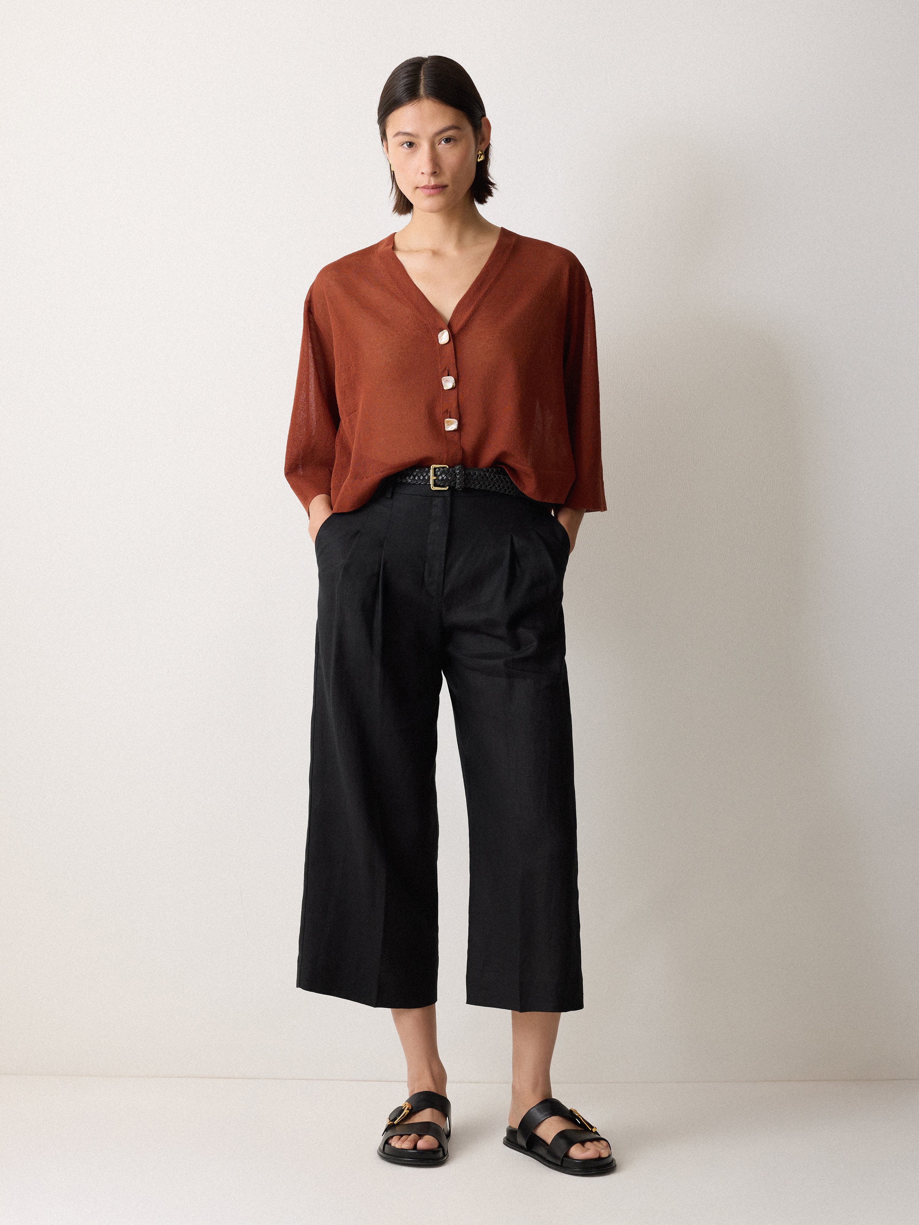 Sheer Linen Blend Cardigan | Brown - Image 2