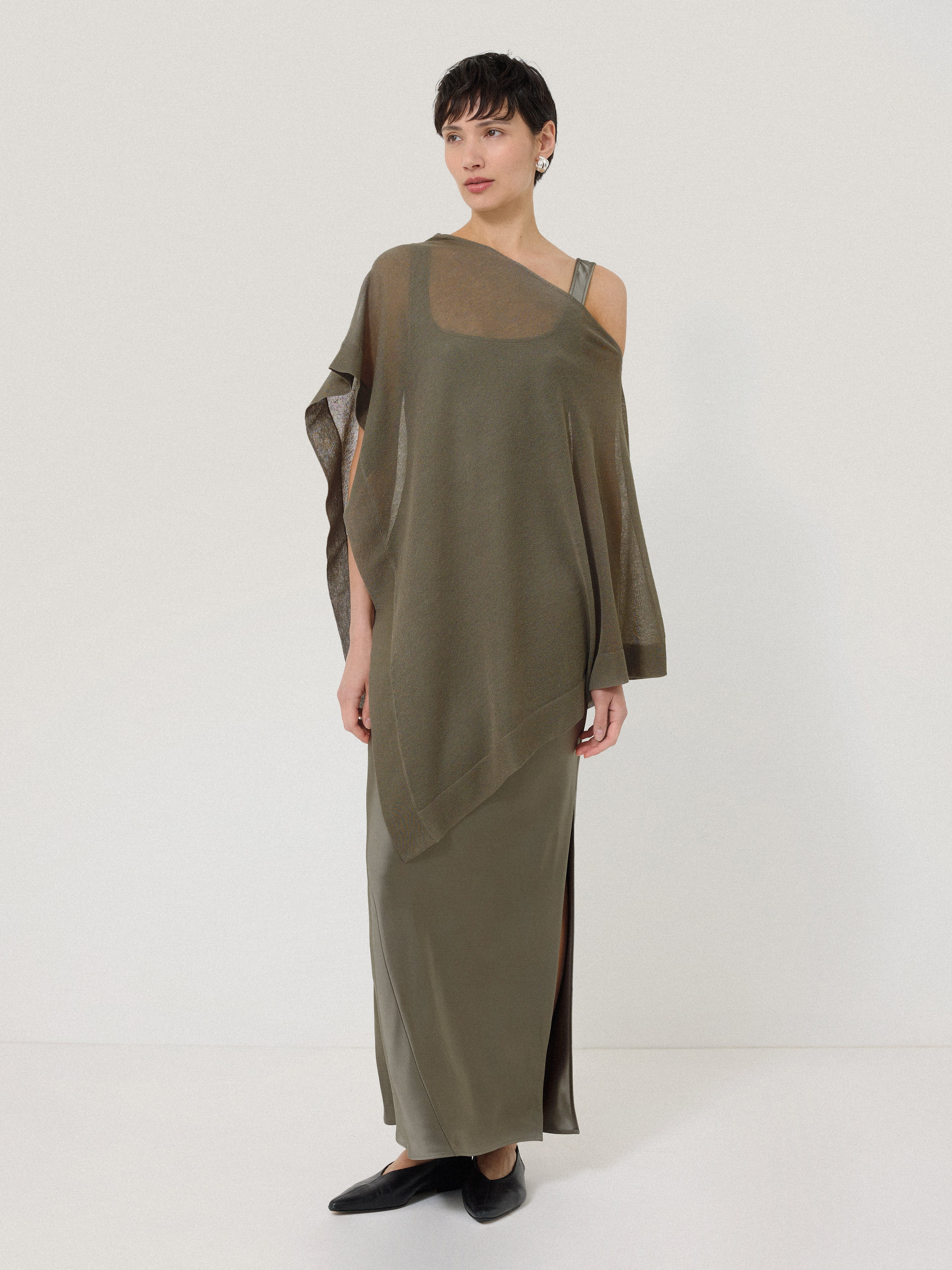 Sheer Linen Blend Poncho | Khaki - Image 4