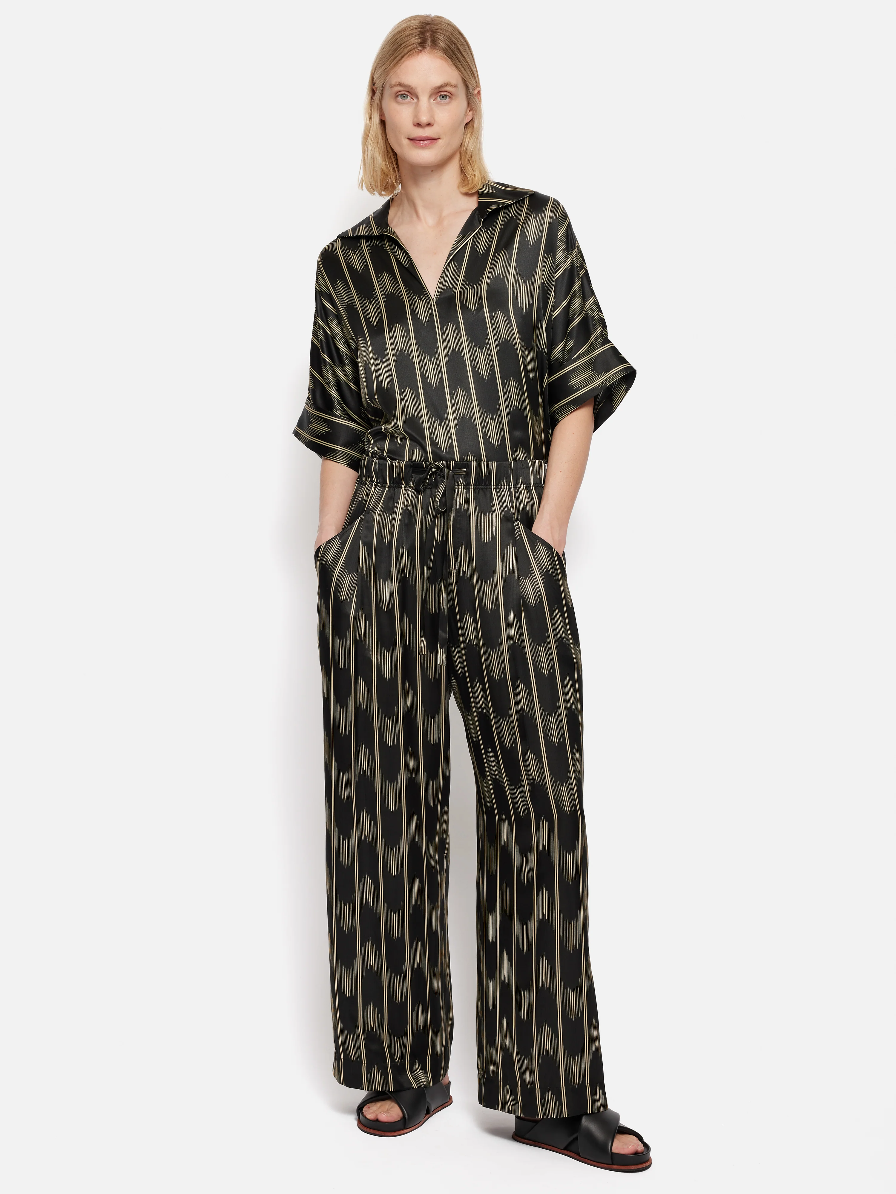 Silk Blend Ikat Stripe Top | Black - Image 7