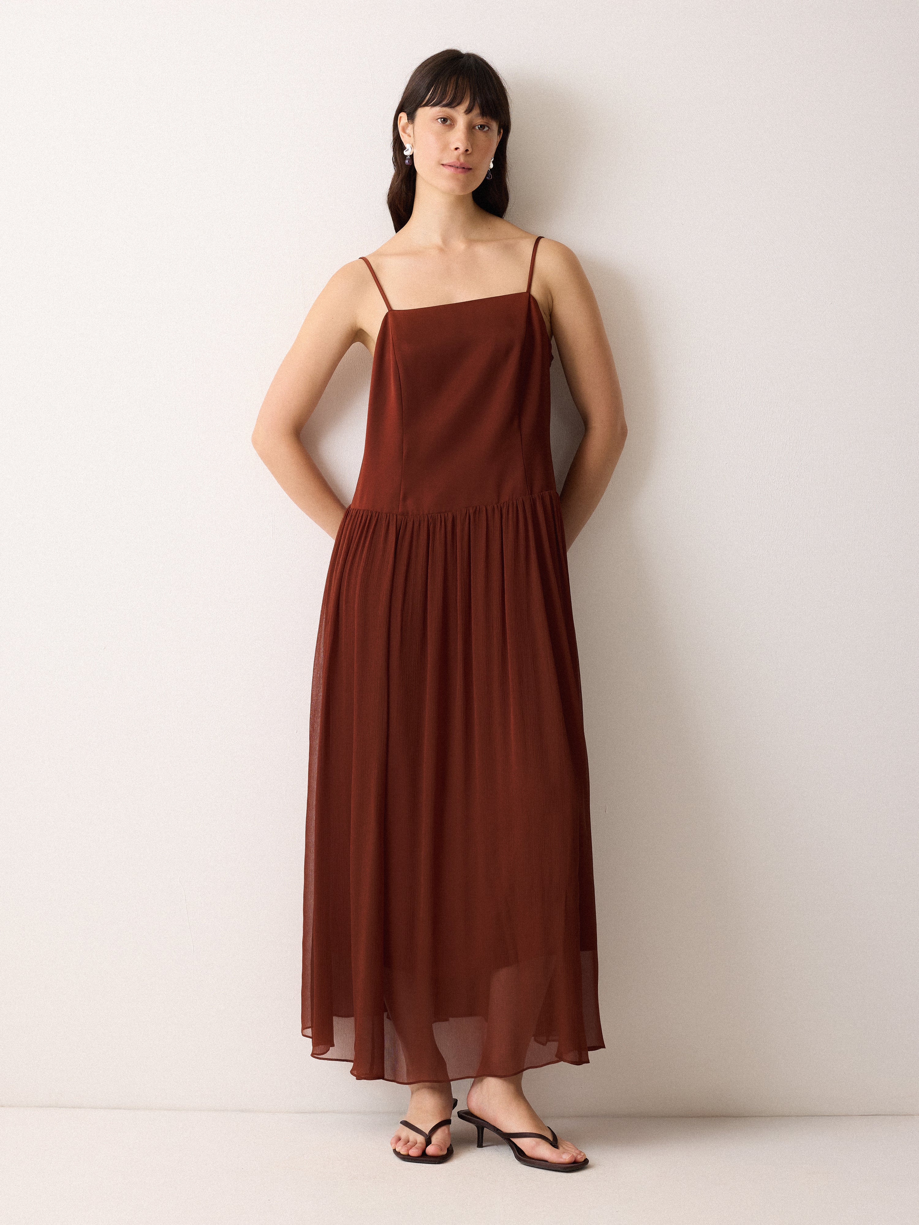 Silk Mix Drop Waist Dress | Brown - Image 5