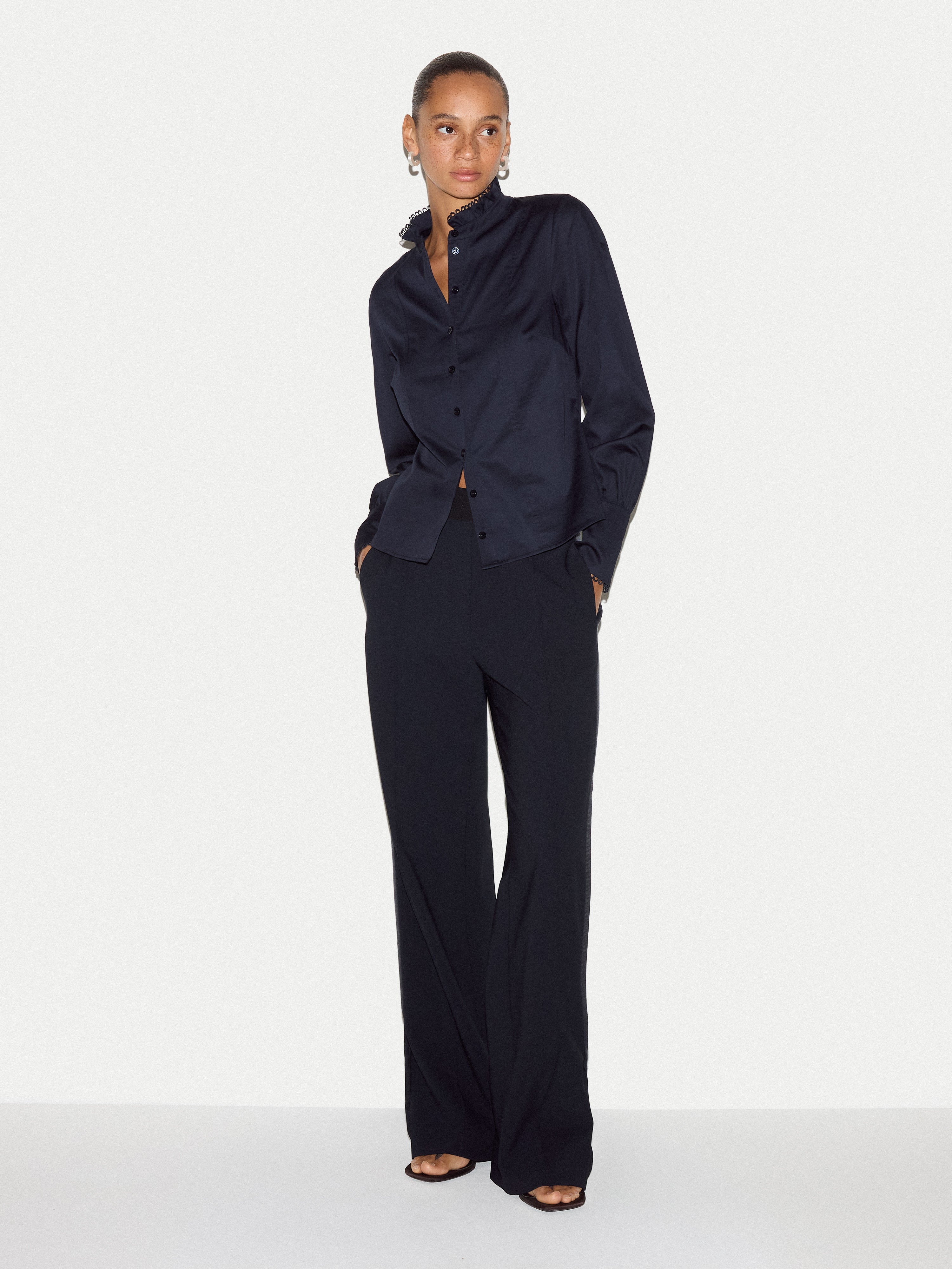 Slim Stand Collar Shirt | Navy - Image 3