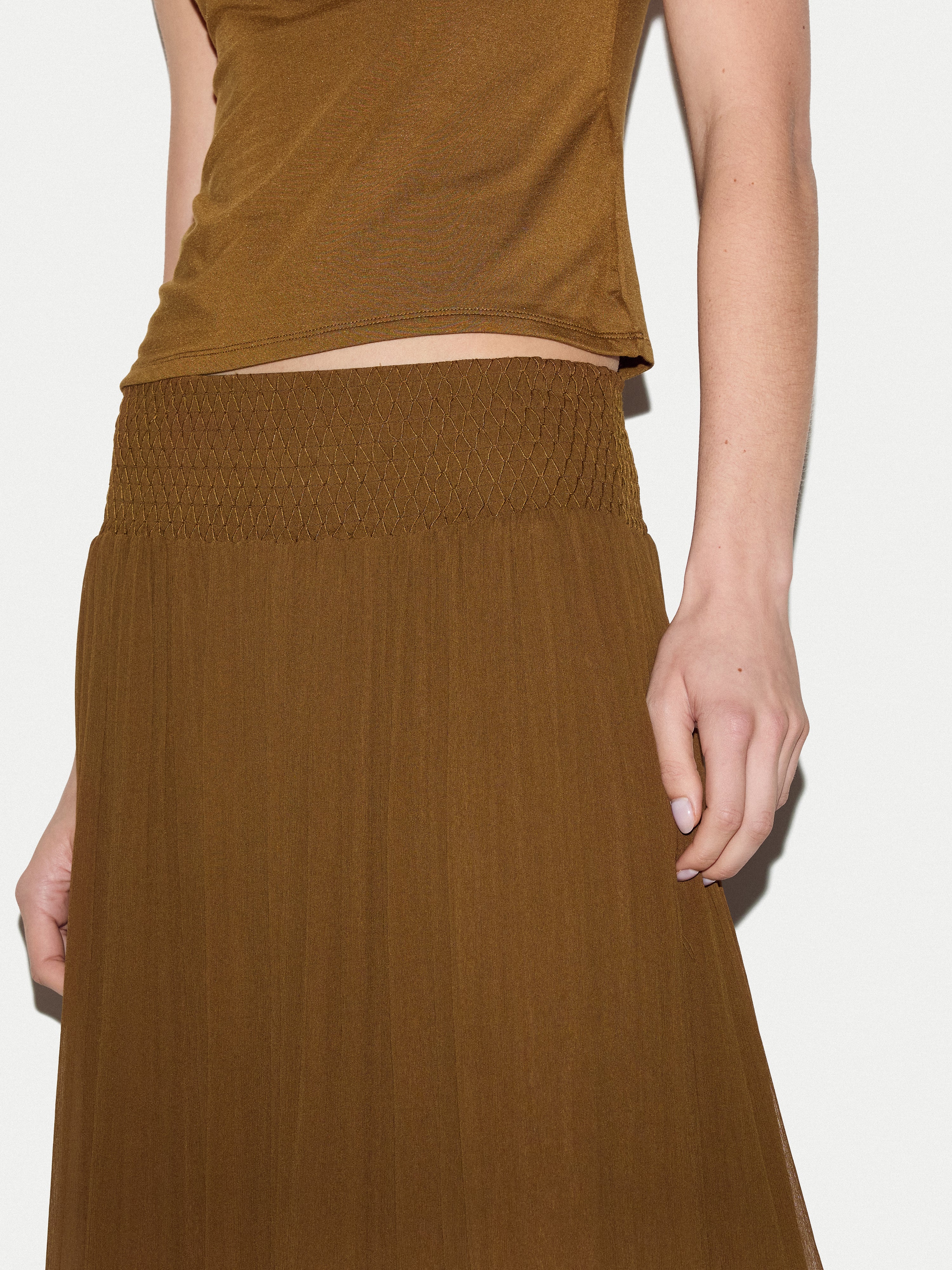 Smocking Chiffon Skirt | Brown - Image 4