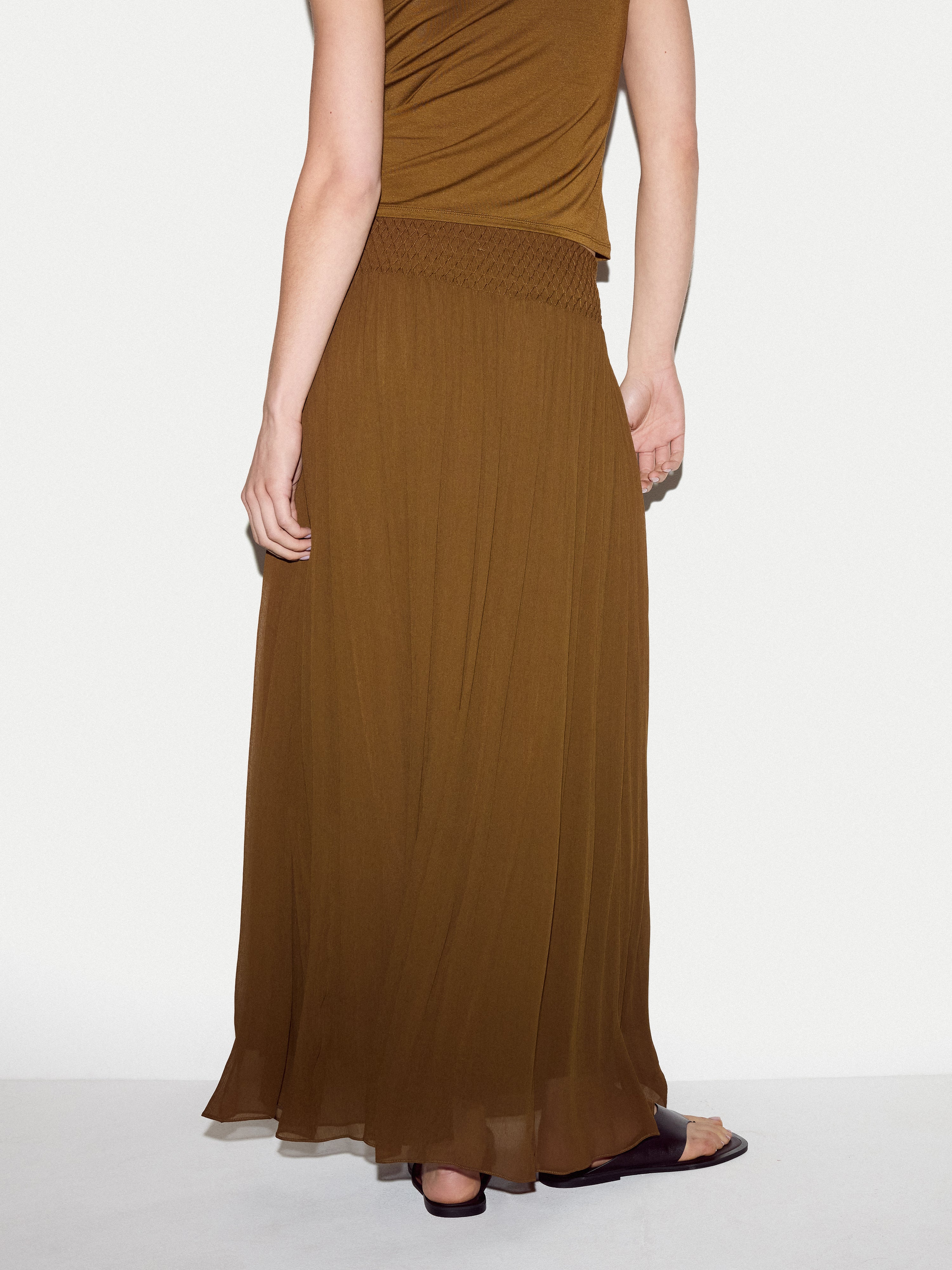 Smocking Chiffon Skirt | Brown - Image 5