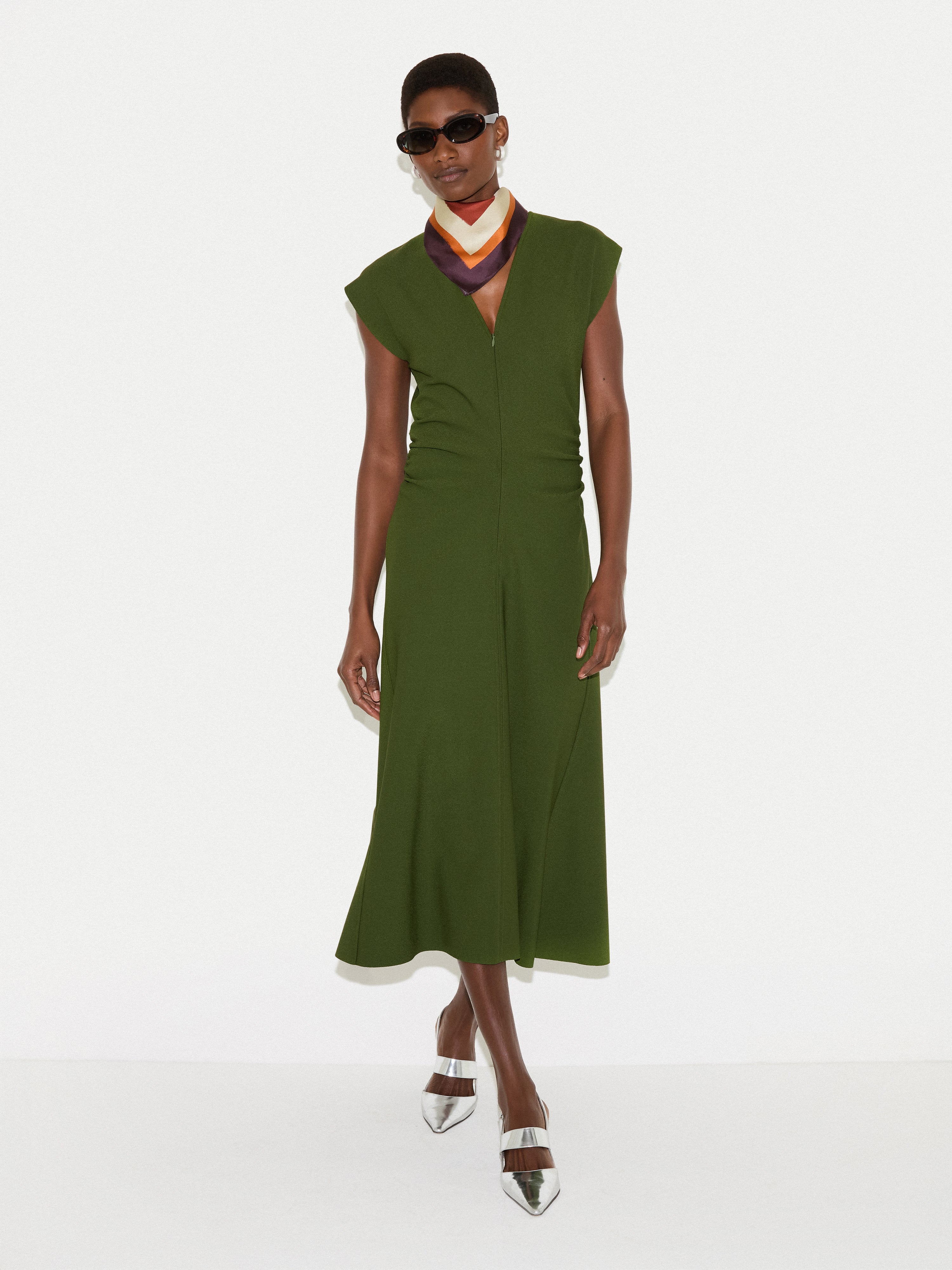 Stretch Crepe Drape Midi Dress | Green