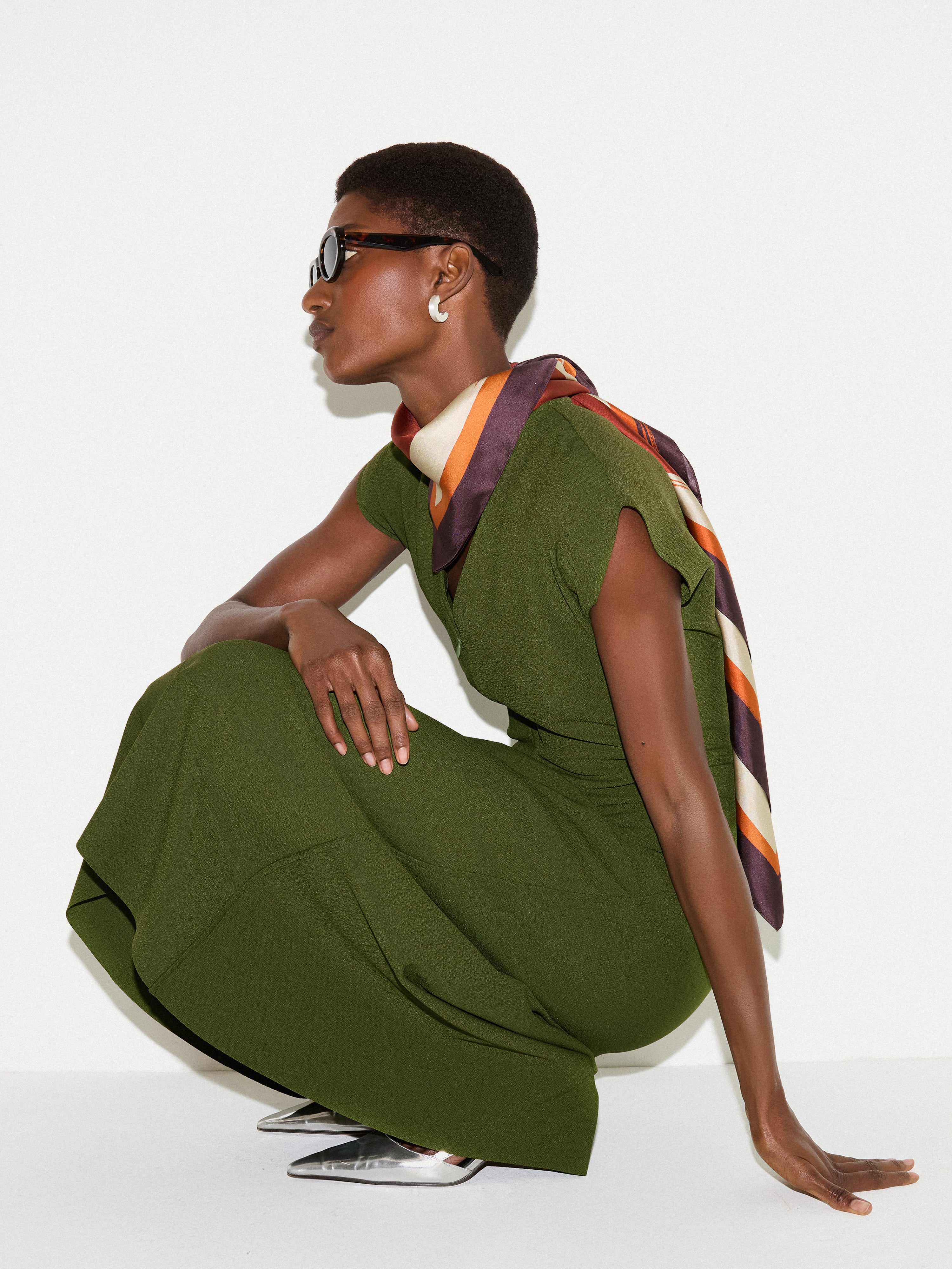 Stretch Crepe Drape Midi Dress | Green - Image 3