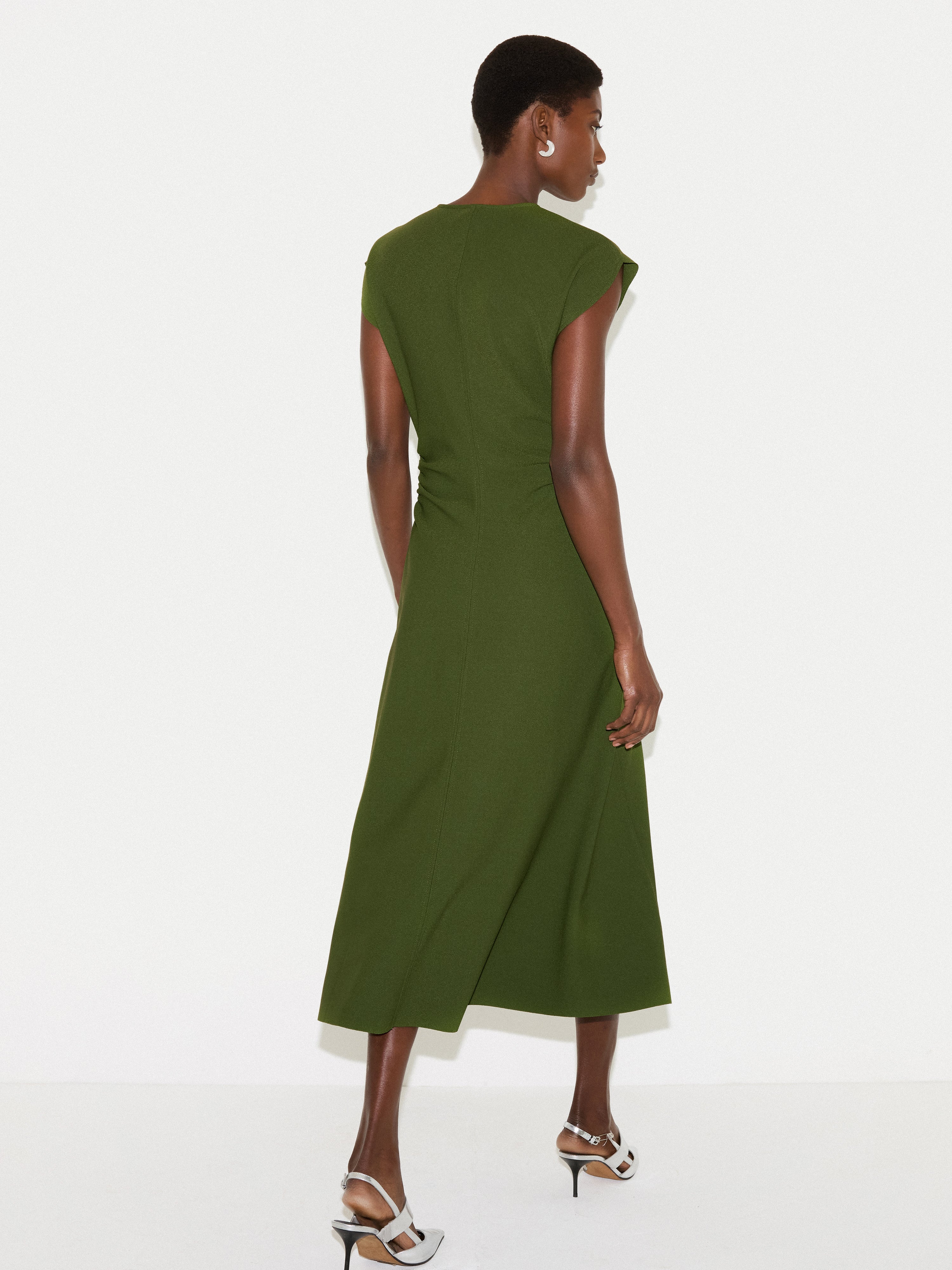 Stretch Crepe Drape Midi Dress | Green - Image 5