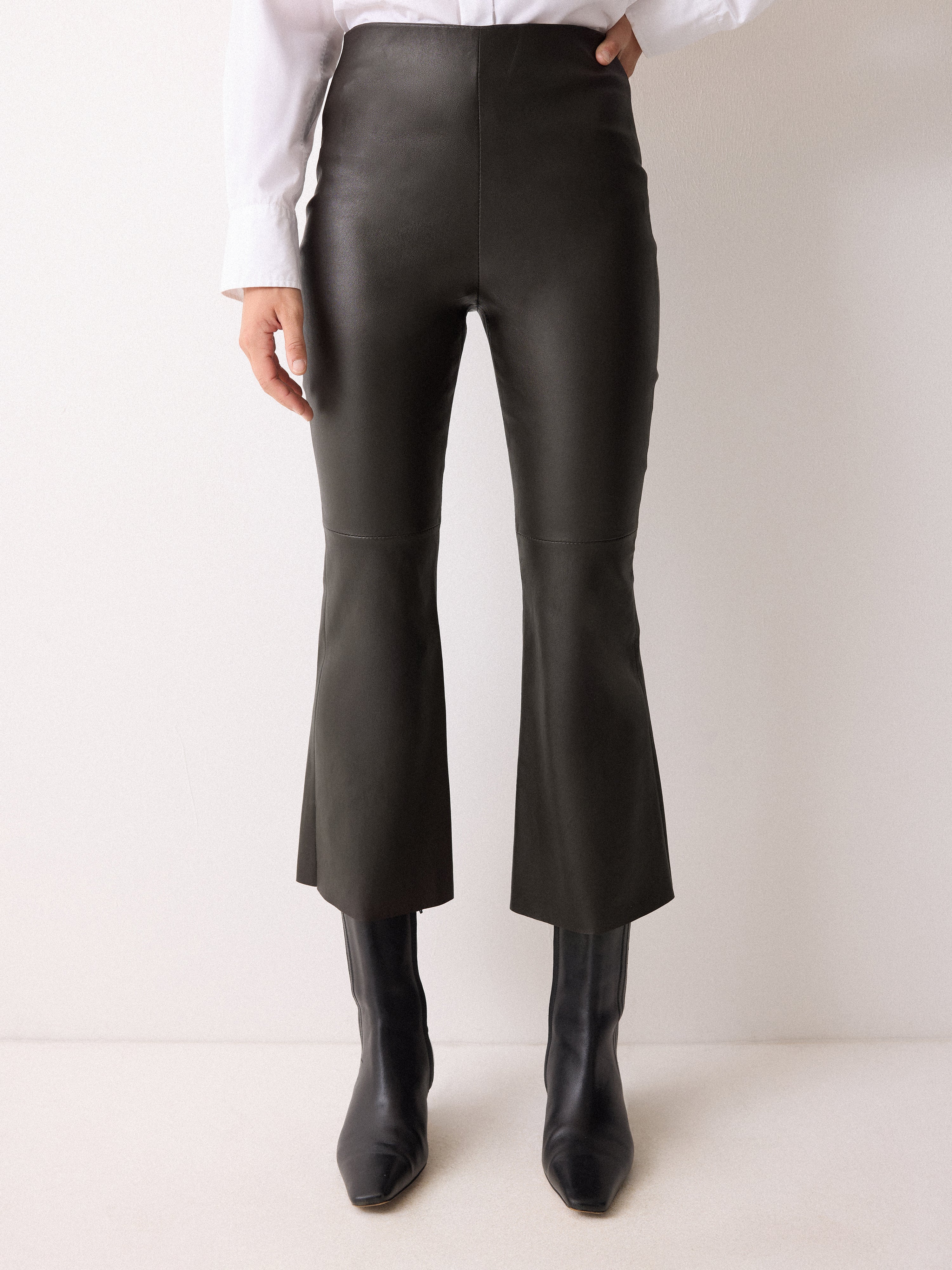 Stretch Leather Kick Flare Trousers | Chocolate - Image 3