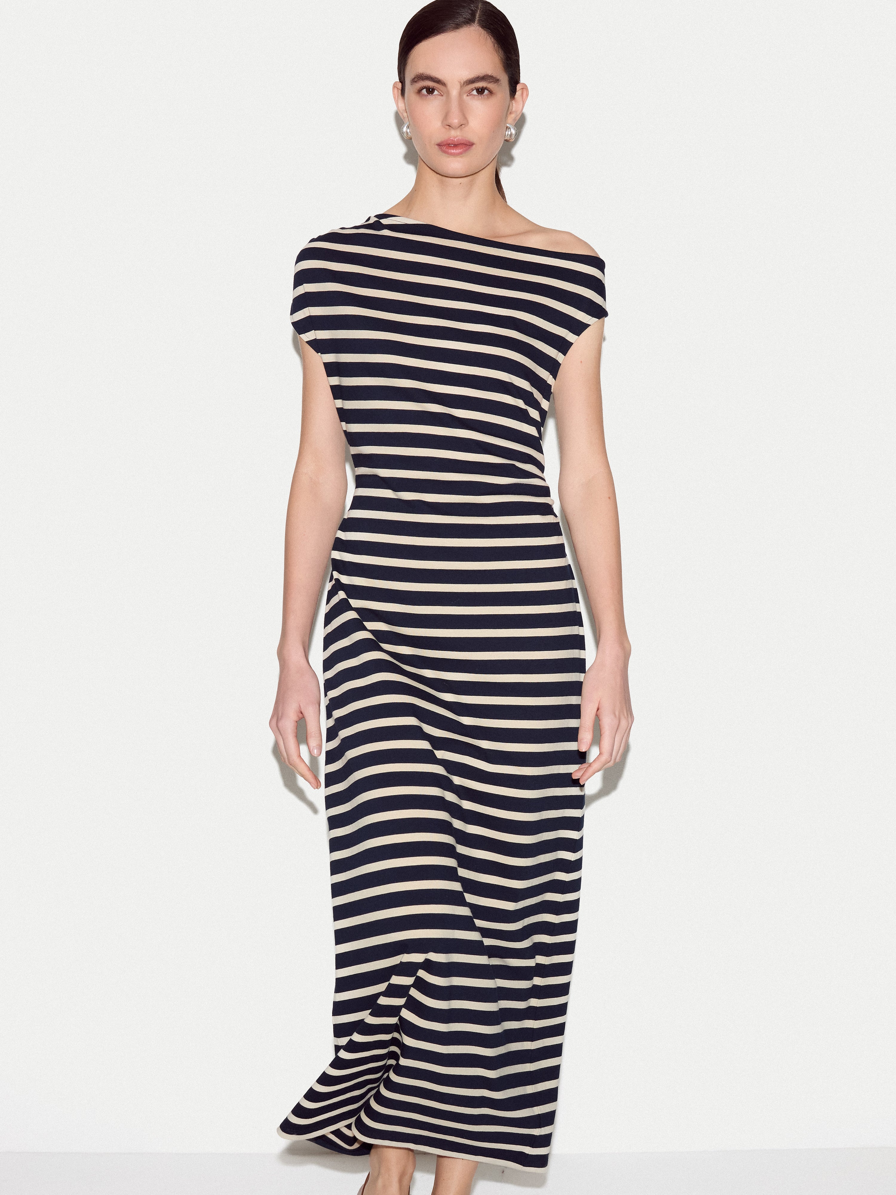 Stripe Asymmetric Neck Dress | Navy - Image 3