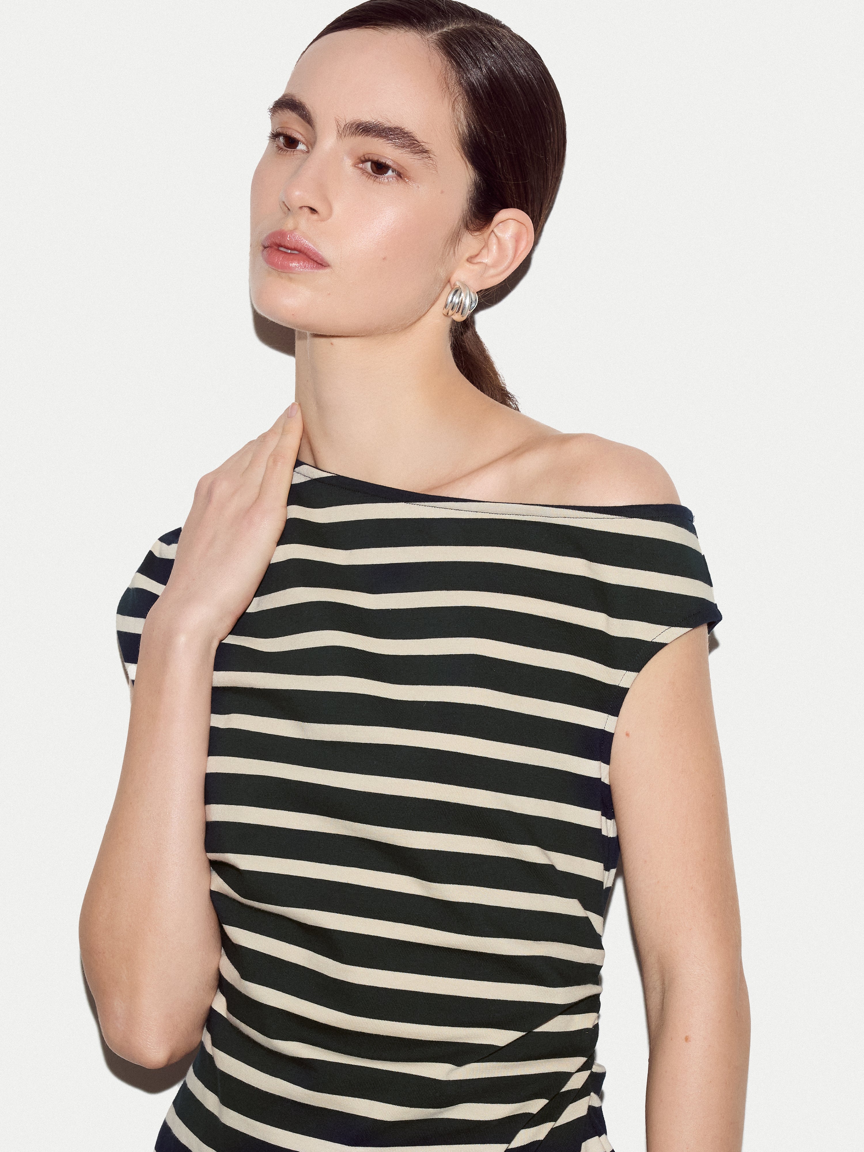 Stripe Asymmetric Neck Top | Navy - Image 2