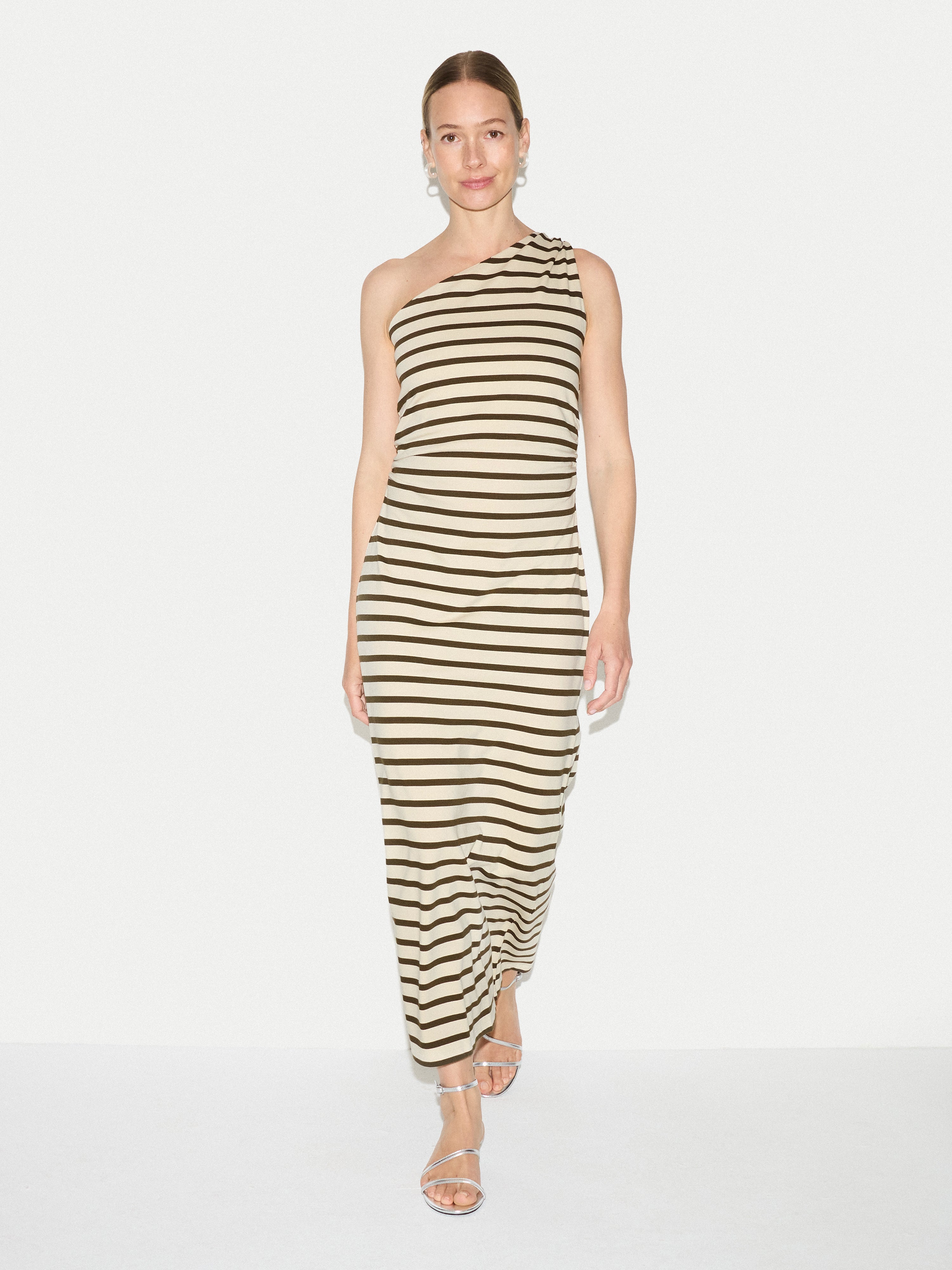 Stripe One Shoulder Dress | Khaki - Image 2
