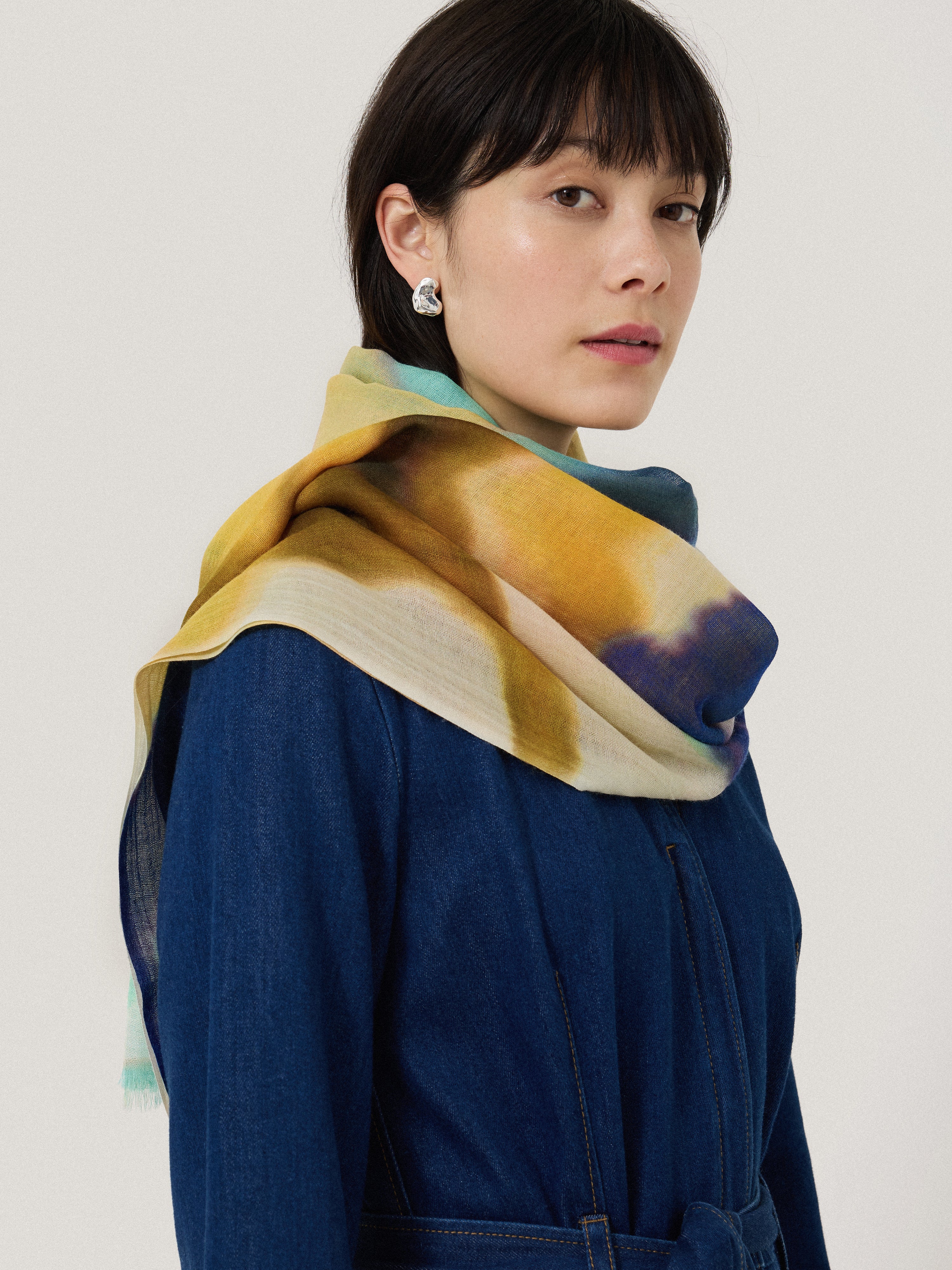 Sunset Floral Wool Silk Scarf | Green - Image 2