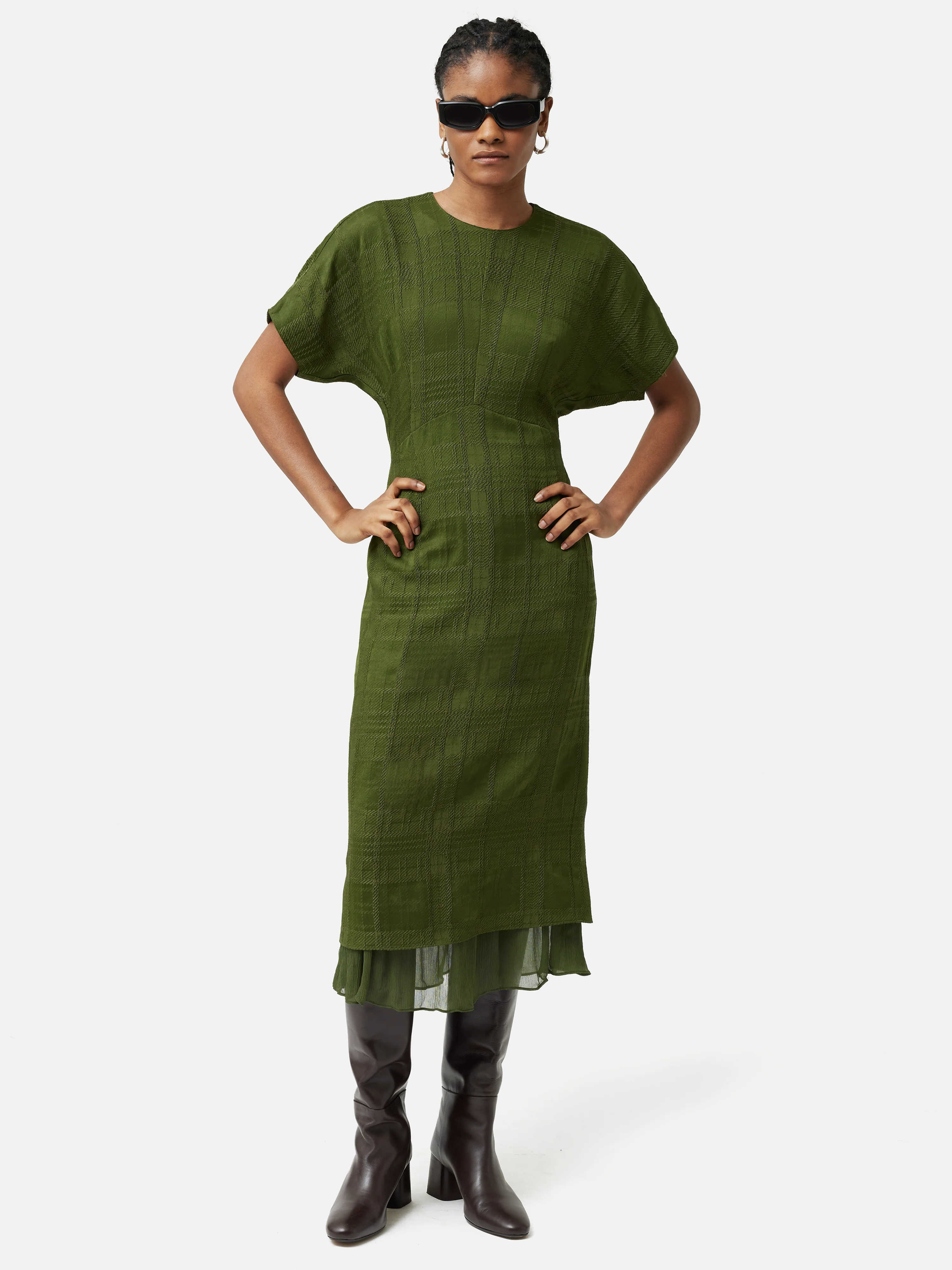 Textured Check Midi Dress | Green - Image 3