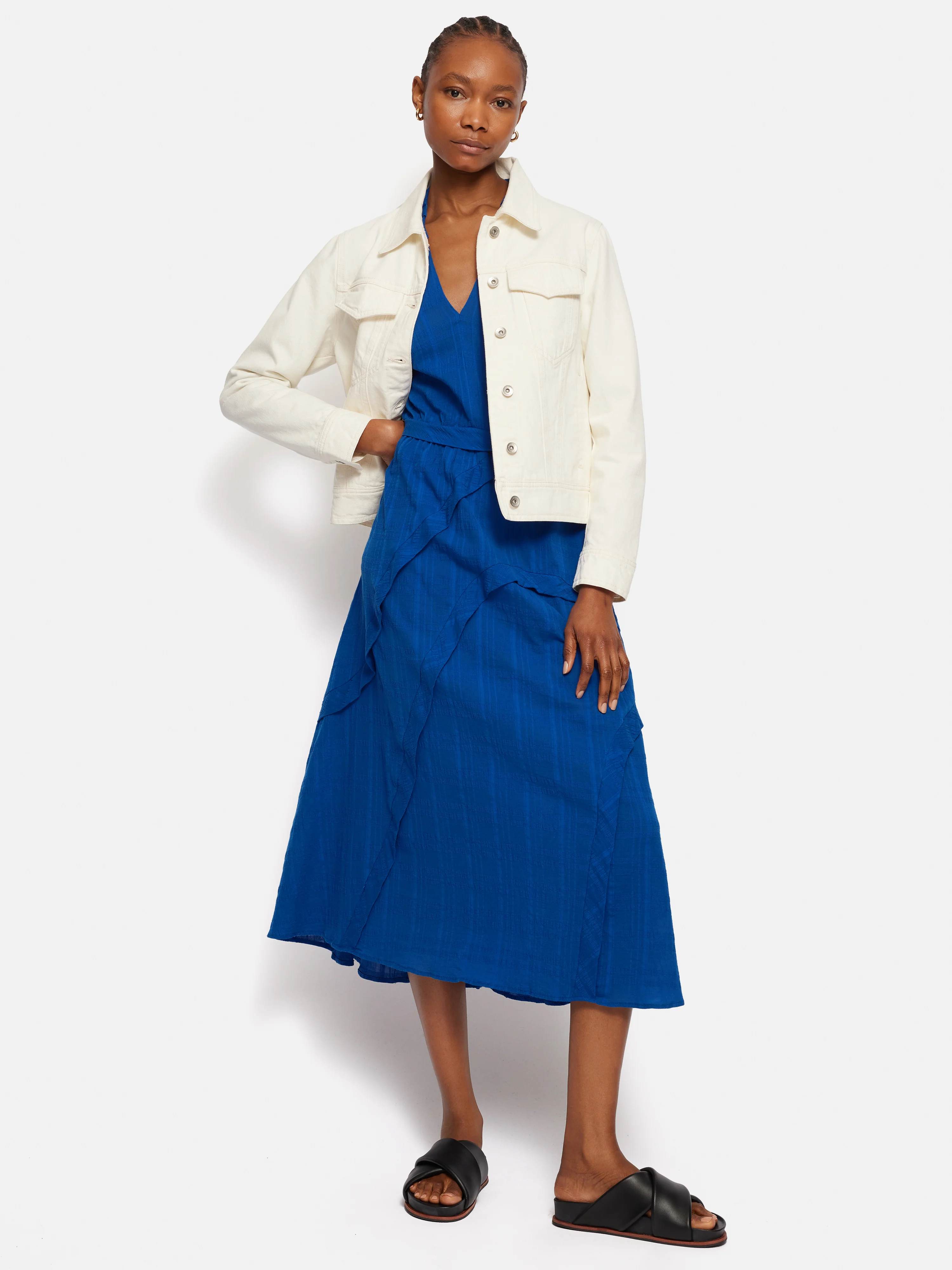 Textured Cotton Belted Dress | Blue - Image 6