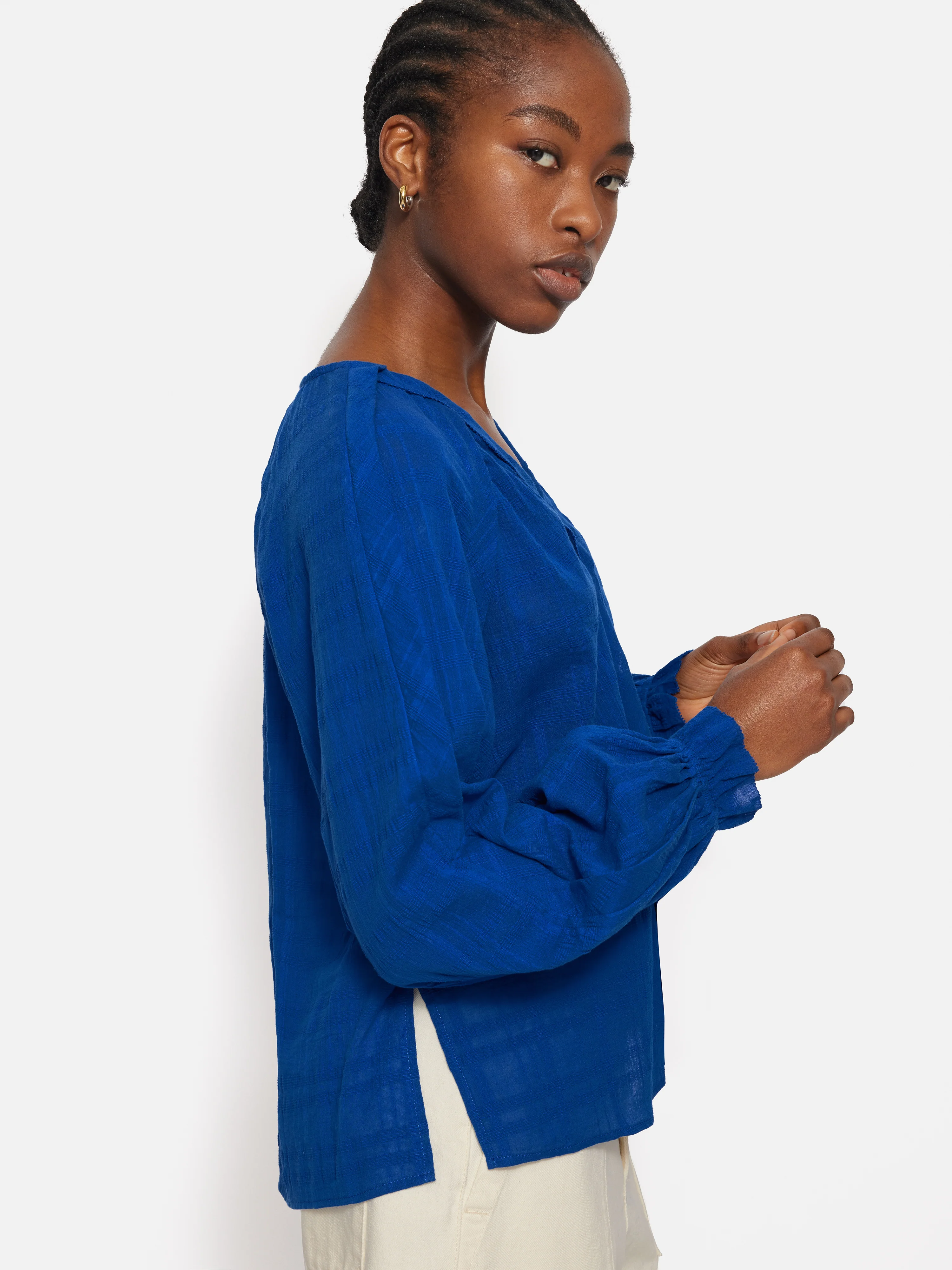 Textured Cotton V Neck Top | Blue - Image 2