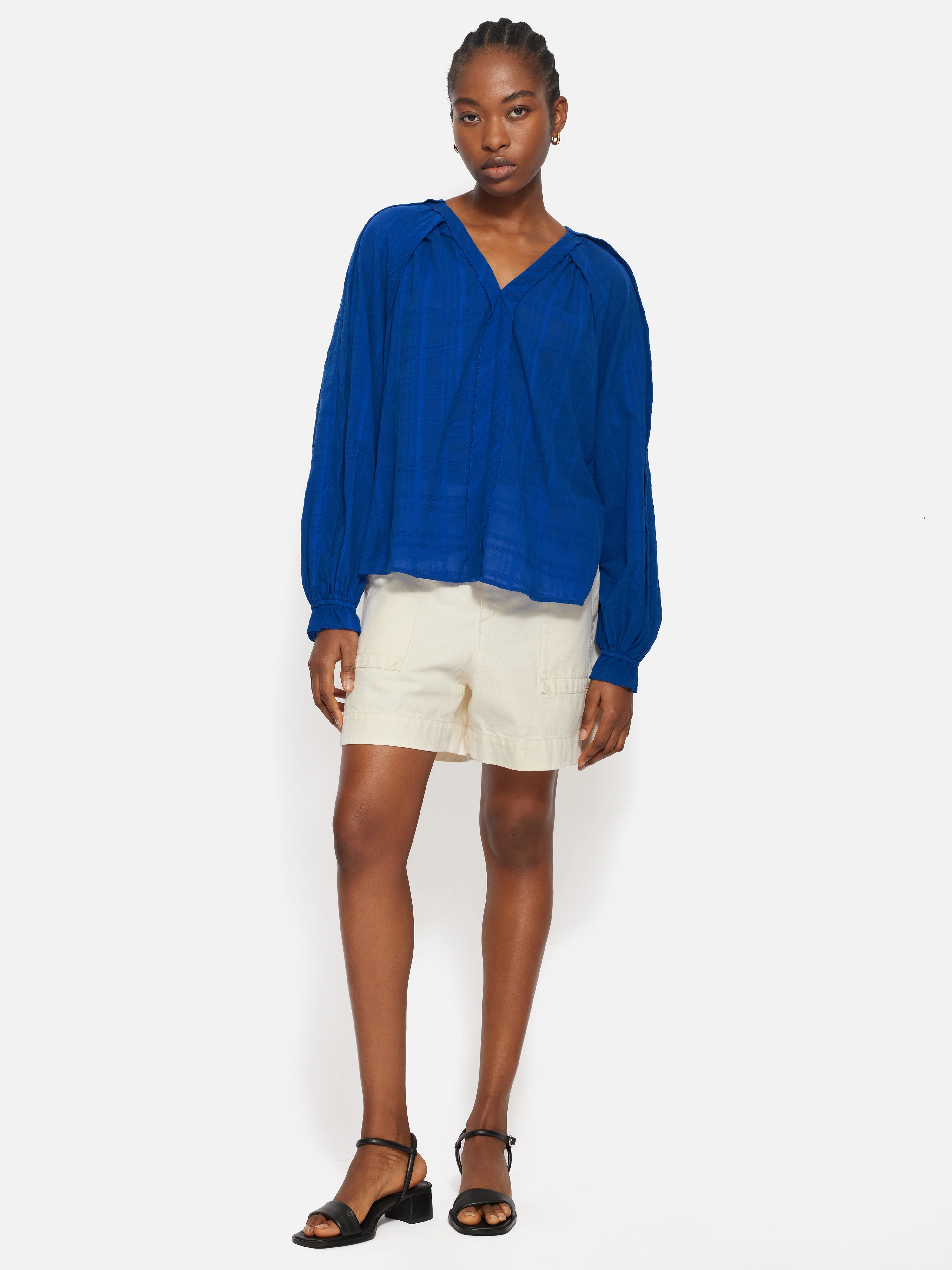 Textured Cotton V Neck Top | Blue - Image 3