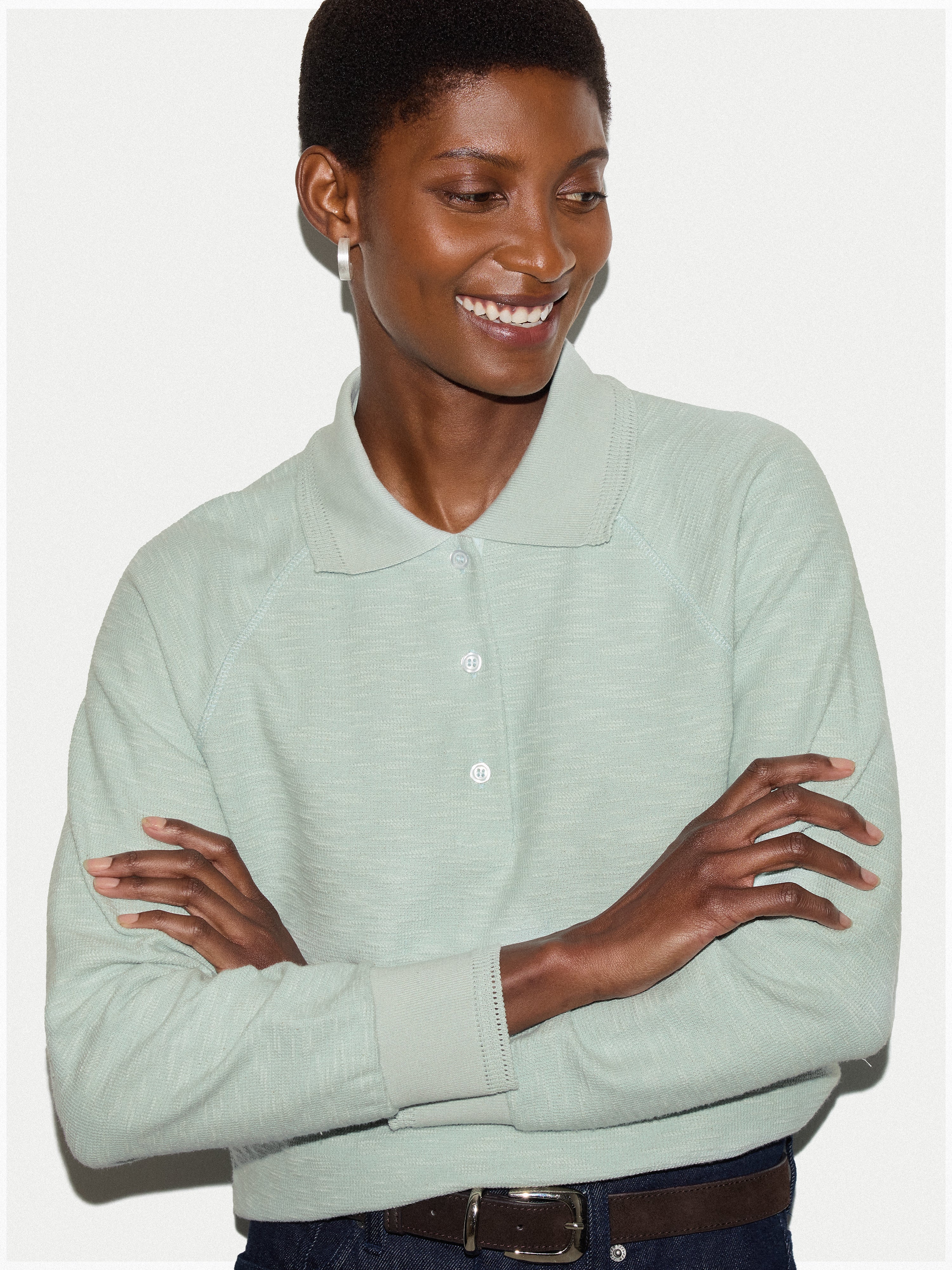Textured Slub Polo Collar Top | Light Green - Image 2