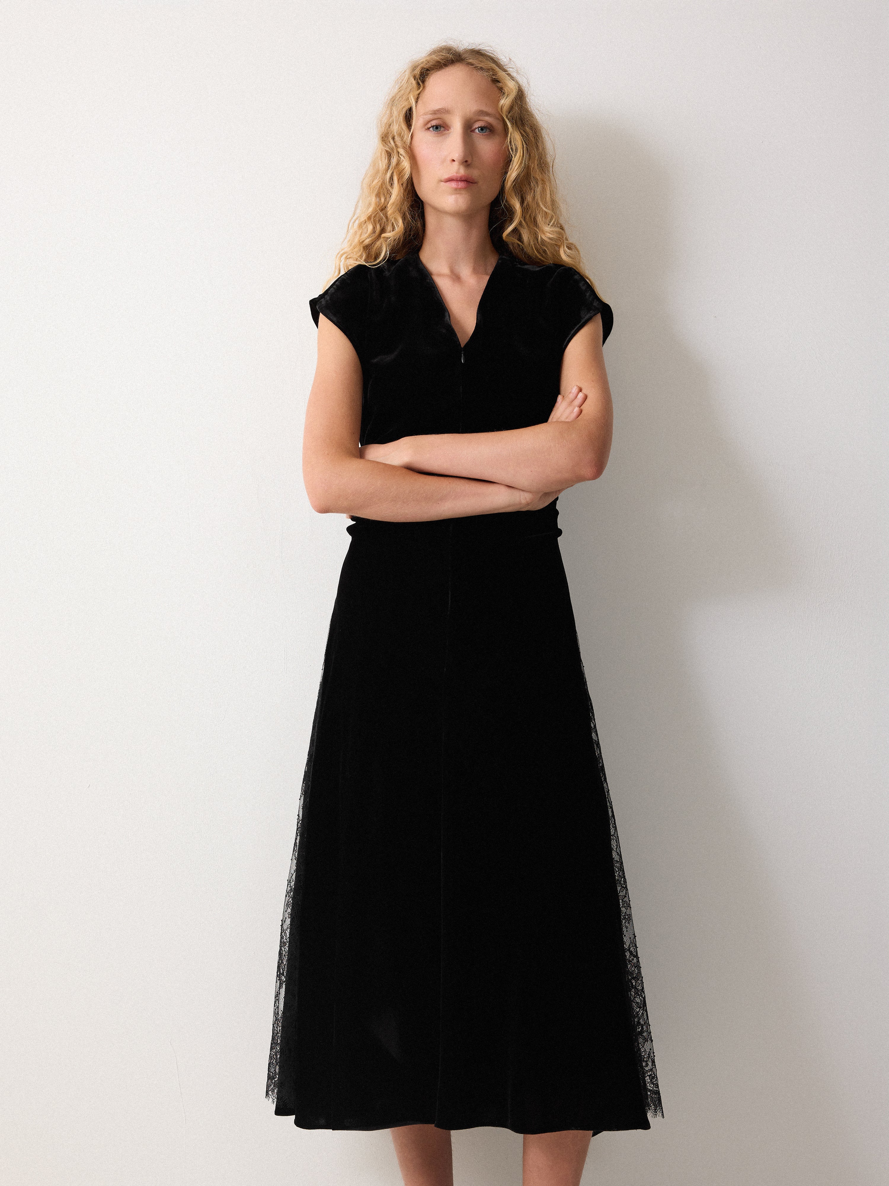 Velvet Lace Detail Dress | Black - Image 3