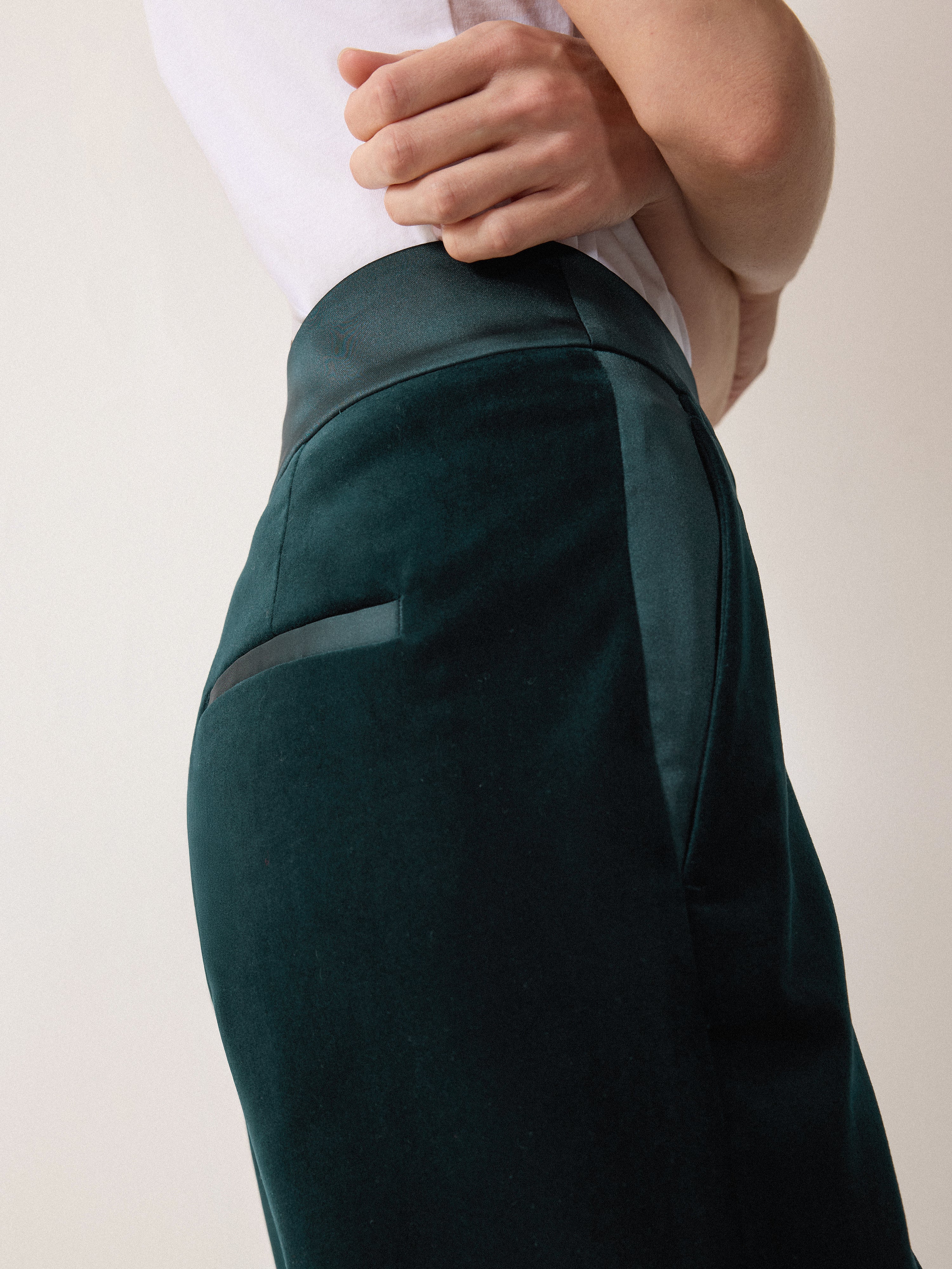 Velvet Satin Tailored Trouser | Green - Image 2