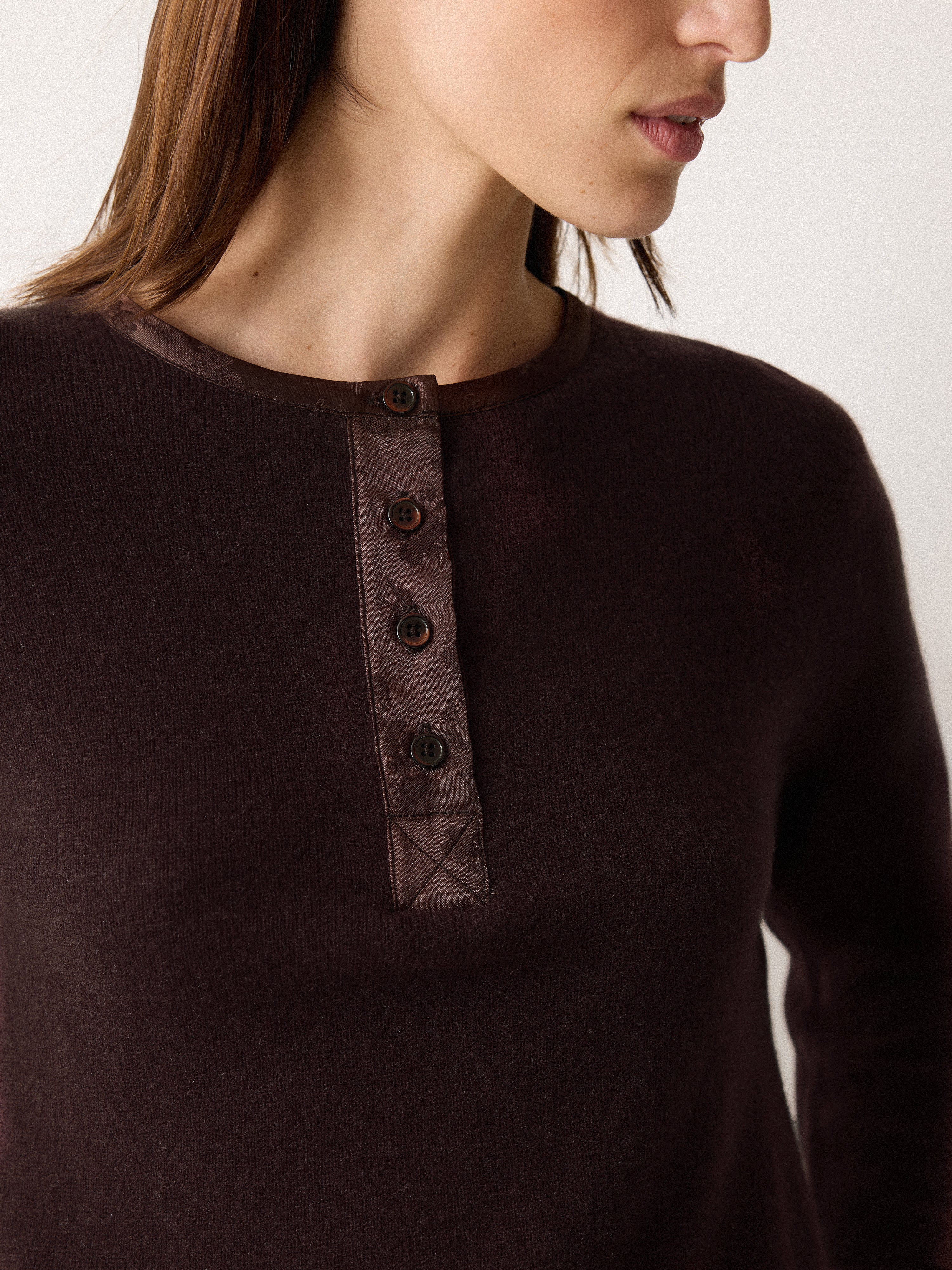 Wool Blend Satin Trim Top | Brown - Image 2
