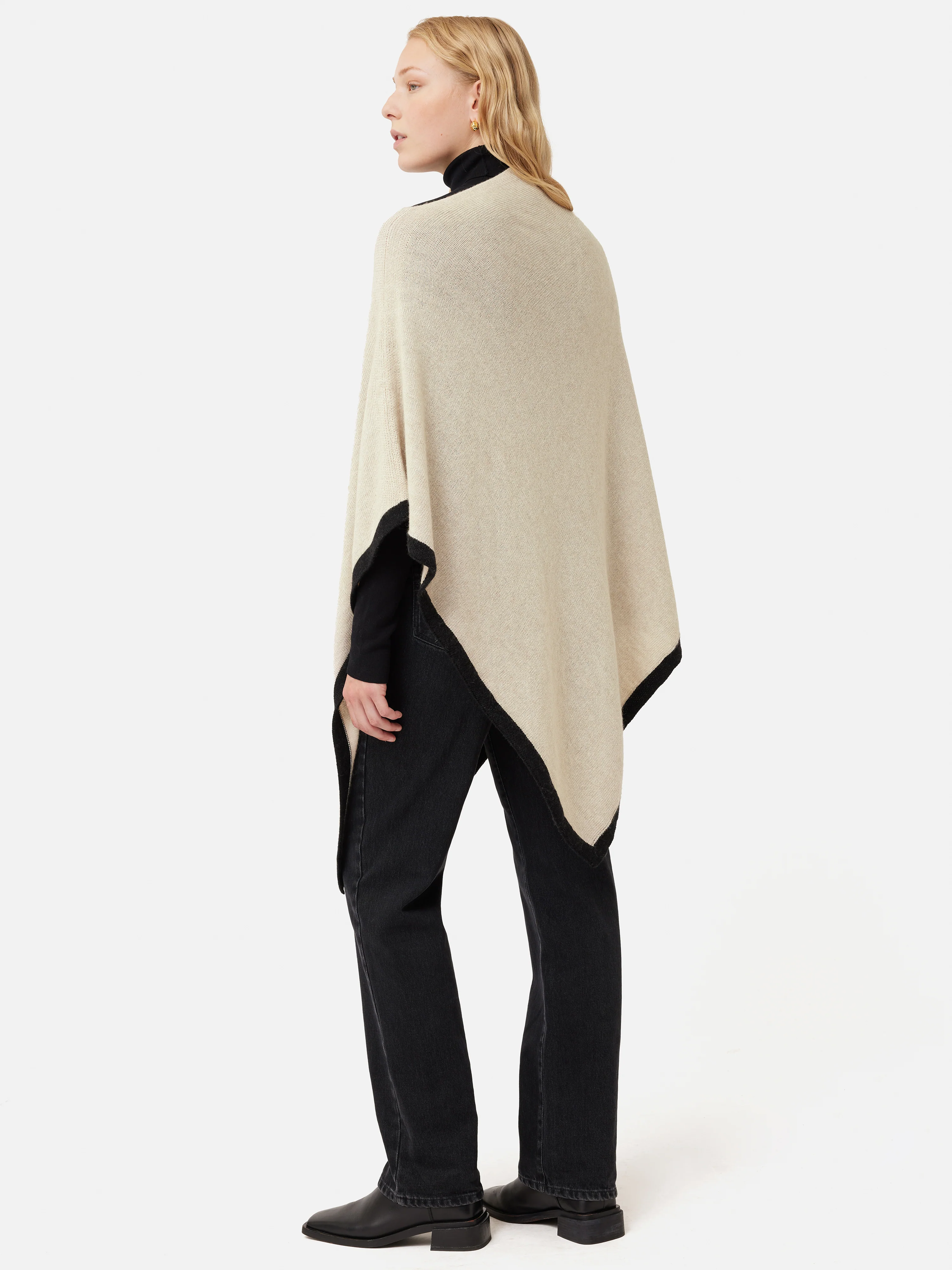 Wool Cashmere Blend Border Poncho | Cream - Image 4