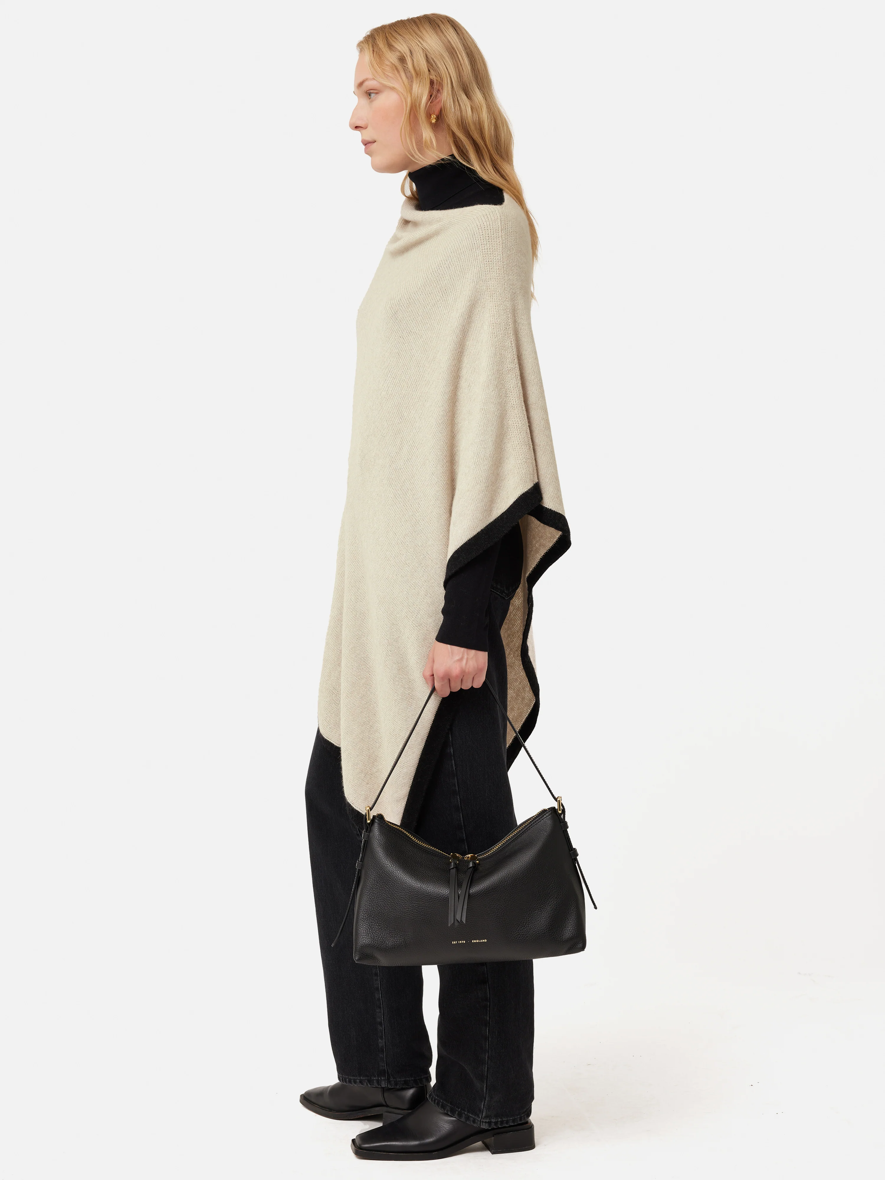 Wool Cashmere Blend Border Poncho | Cream - Image 6
