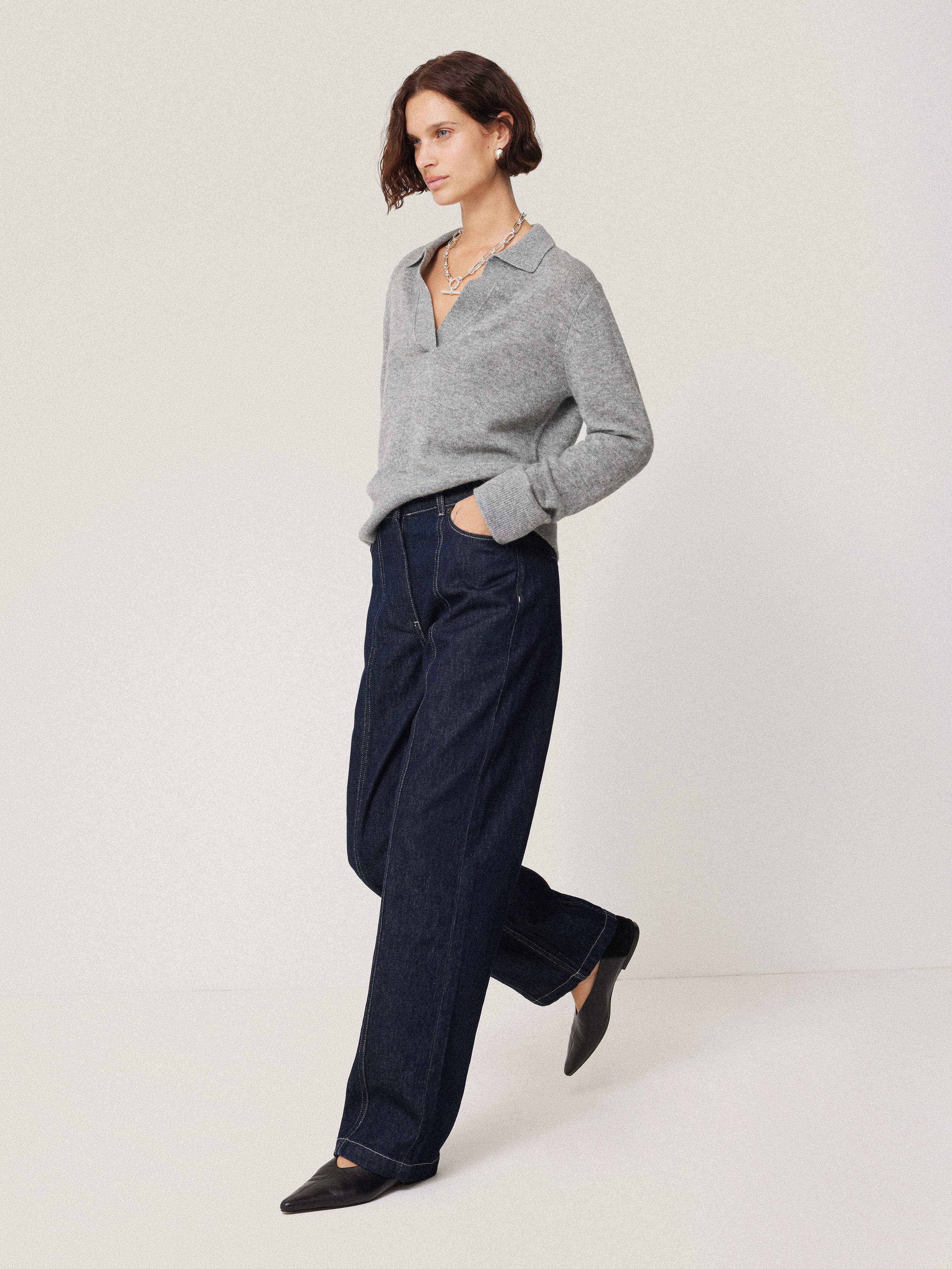 Wool Cashmere Blend Collar Jumper | Light Grey - Image 3